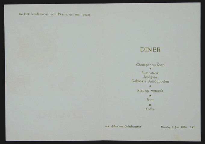 1998.1958; Menukaart voor een diner op 2 juli 1958 aan boord van ms. Johan van Oldenbarnevelt van de SMN; menukaart