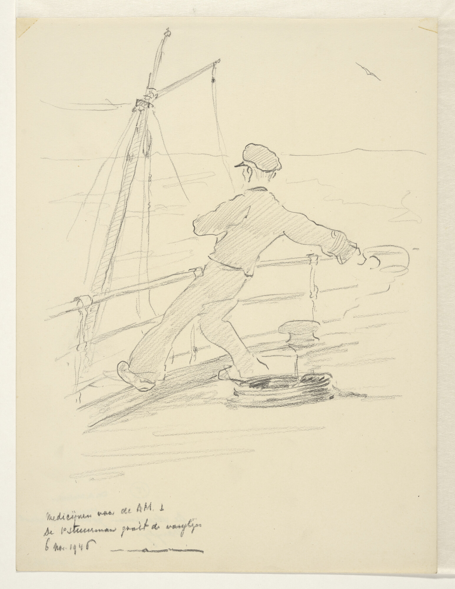 S.4035(006); De stuurman gooit de eerste vanglijn; tekening