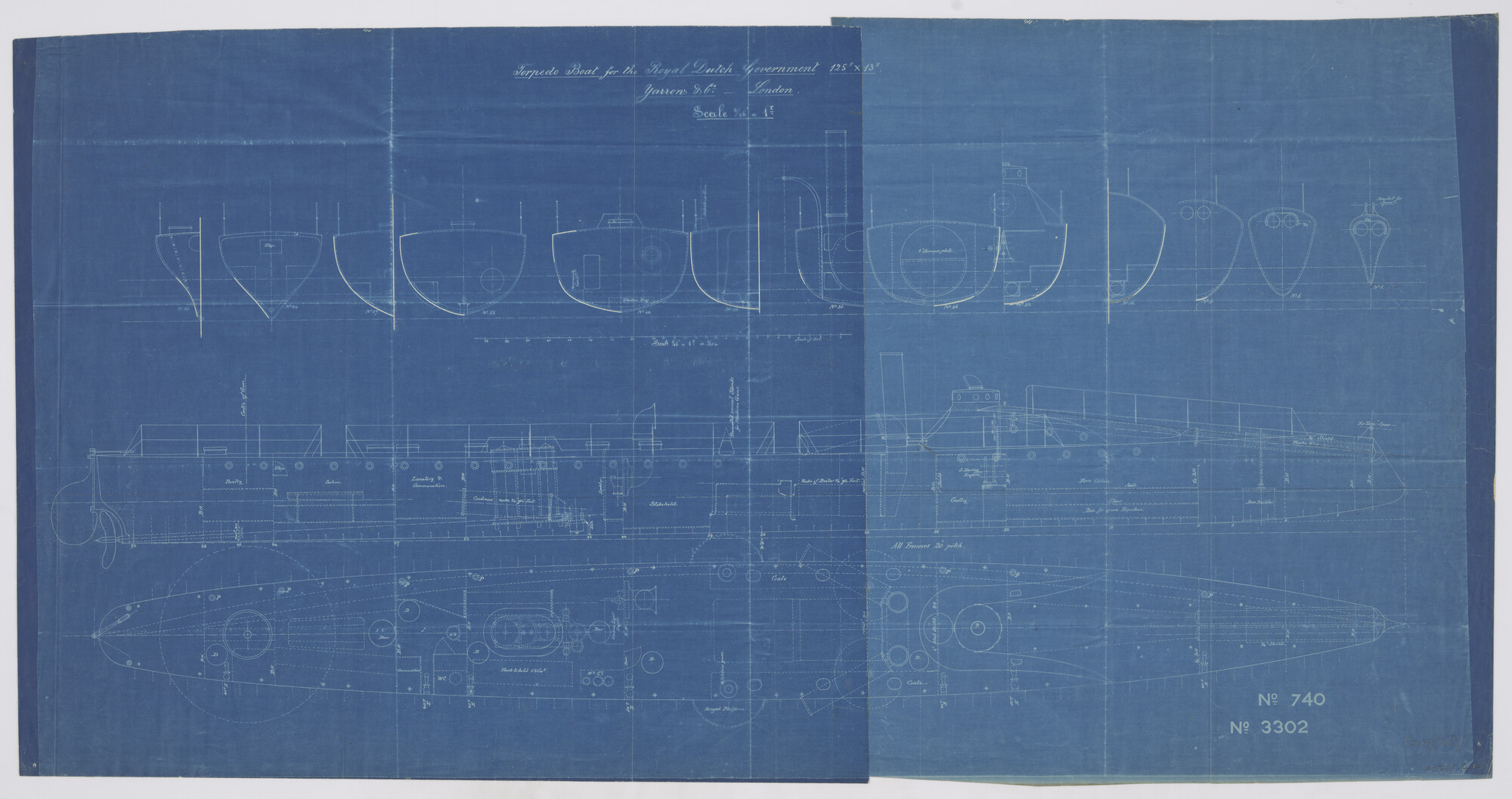 S.2175(3183); Dwarsdoorsneden, verticale langsdoorsnede en horizontale langsdoorsnede boven de waterlijn van een ontwerp torpedoboot uit 1885; technische tekening