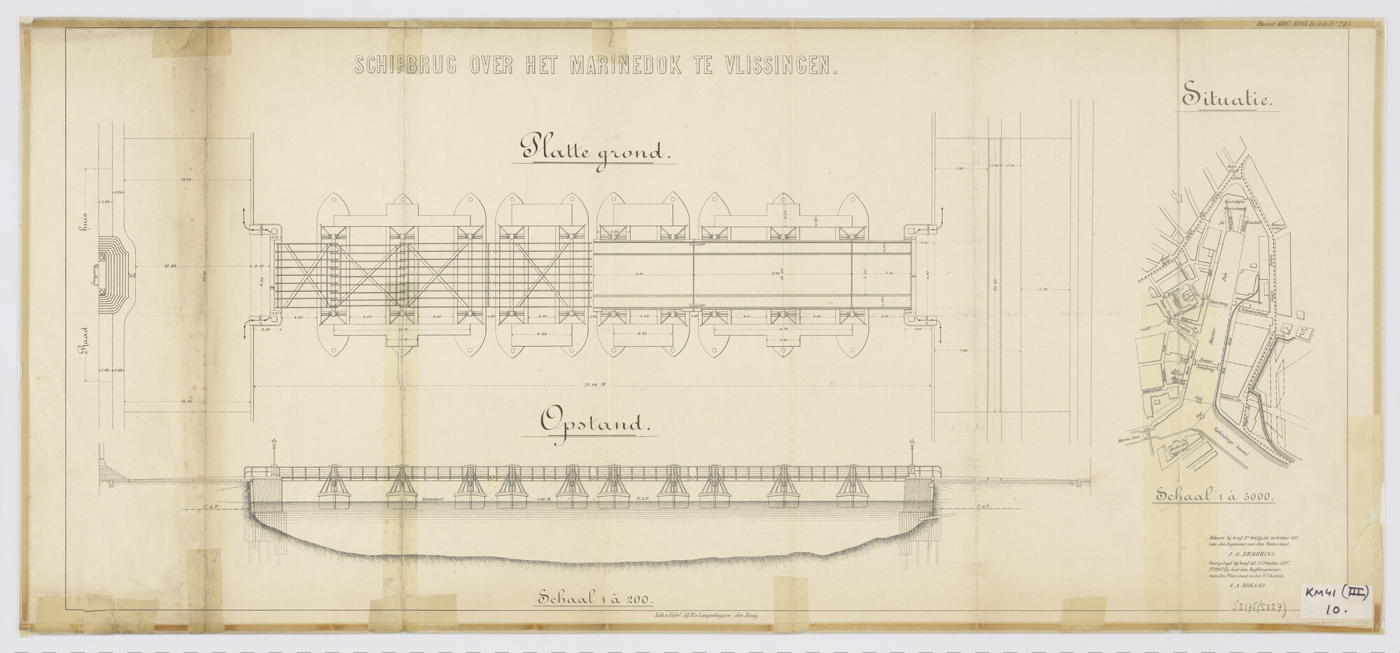 S.2175(5327); Plattegrond, langsdoorsnede en situatieschets van de schipbrug over het Marinedok bij de Koninklijke Maatschappij 'De Schelde' te Vlissingen; technische tekening