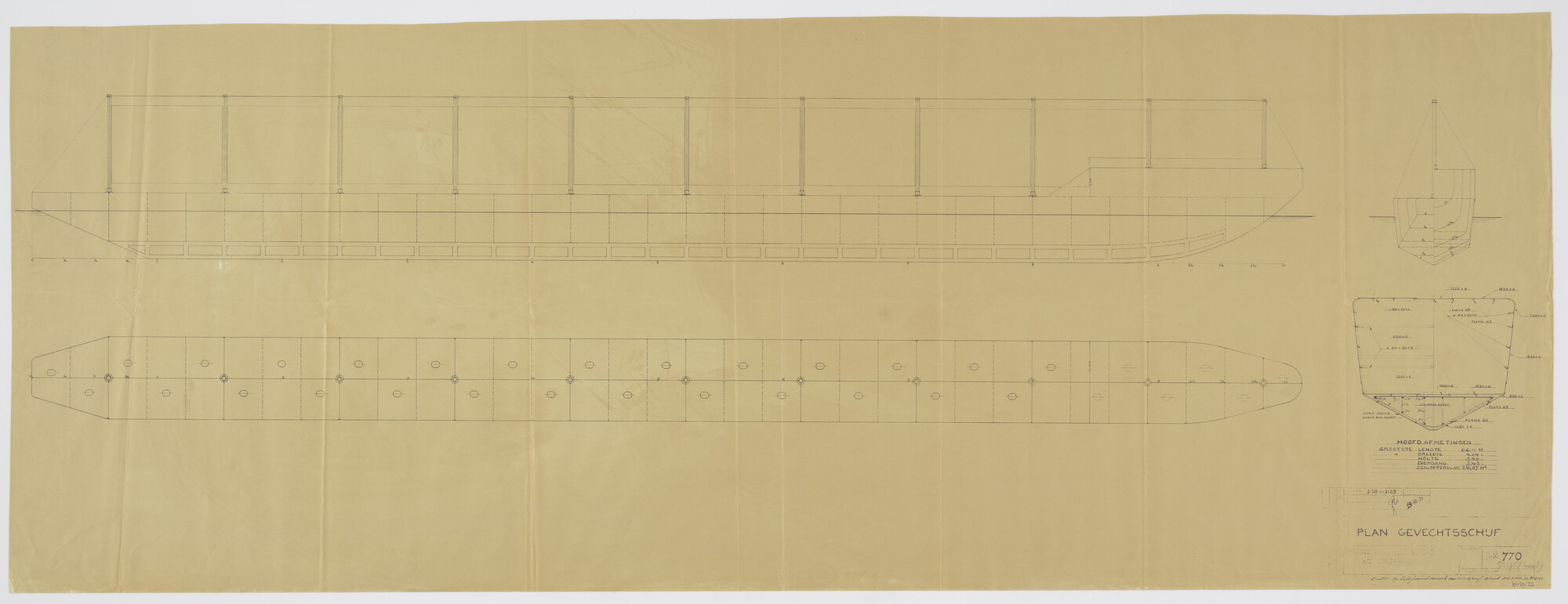 S.2175(4448); Plan gevechtsschijf van 66 meter lengte, bestaande uit tien schietschijven op ponton met verhoogde bak; technische tekening