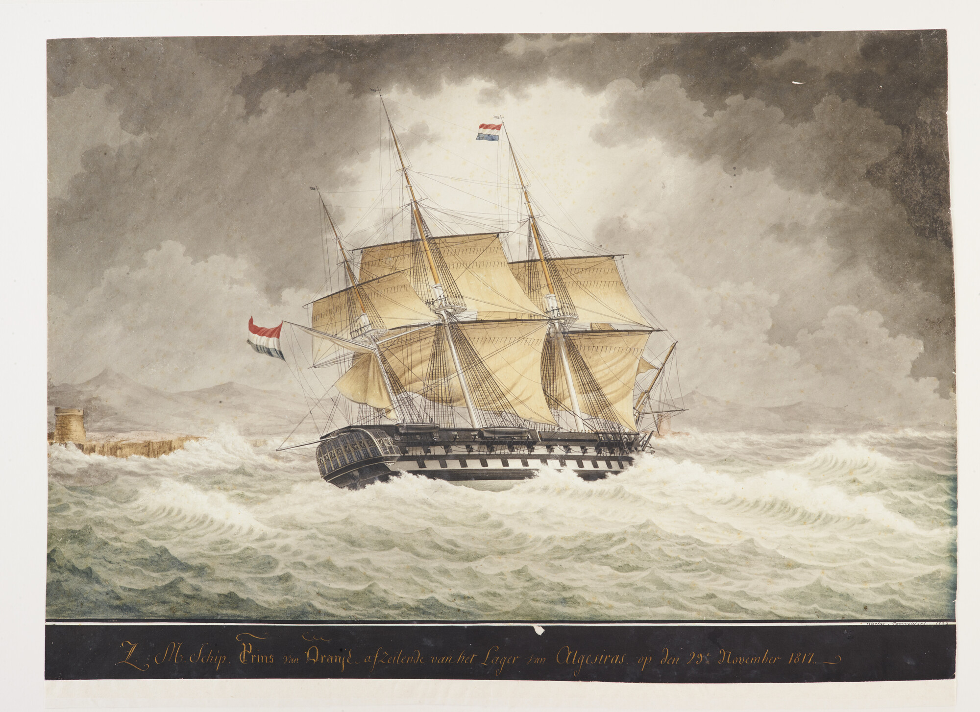 A.1197(01); Het fregat Zr.Ms. Prins van Oranje bij Algeciras; tekening