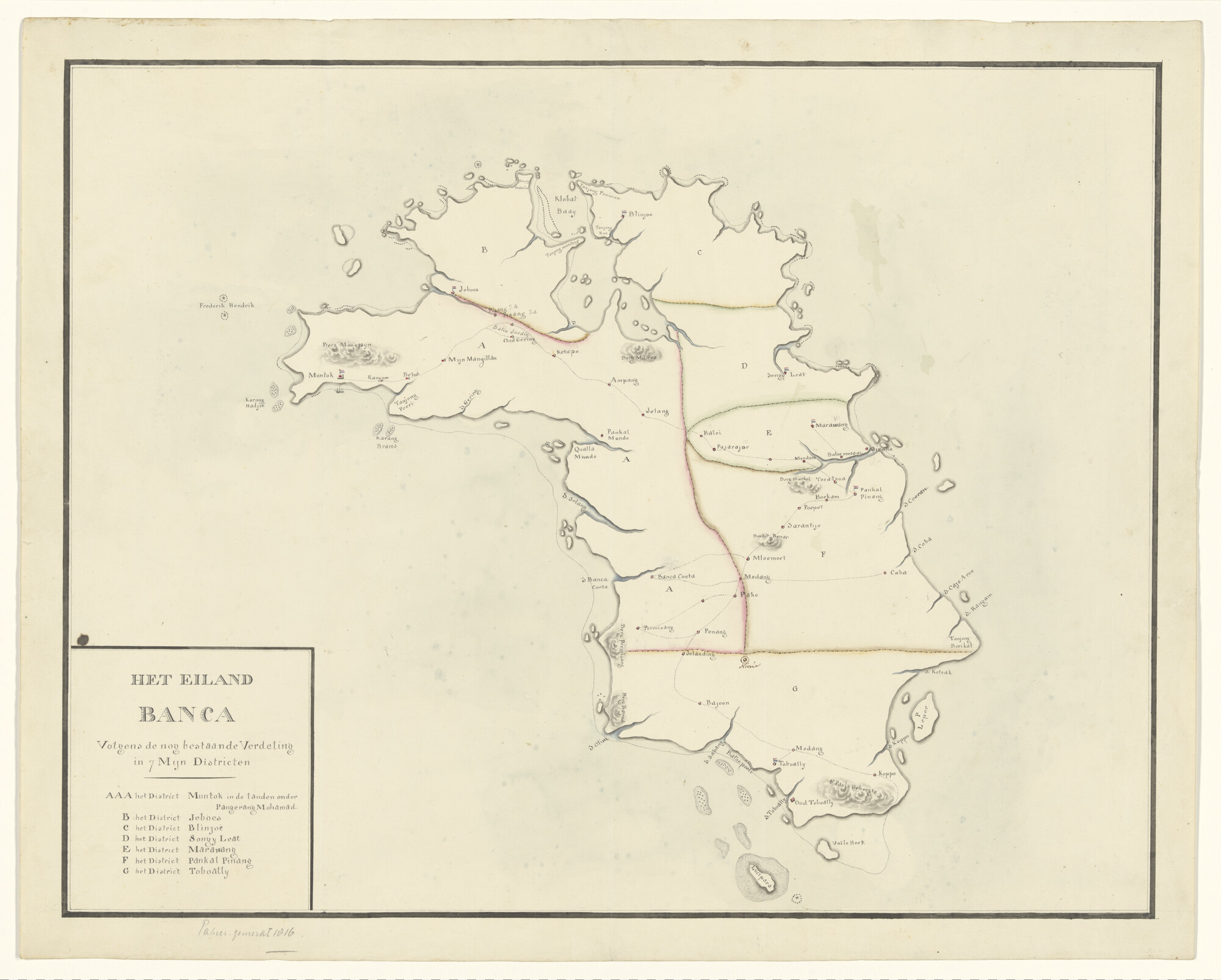 A.1367(05)74; Handschriftkaart van het eiland Banca, met de verdeling in zeven mijndistricten; landkaart