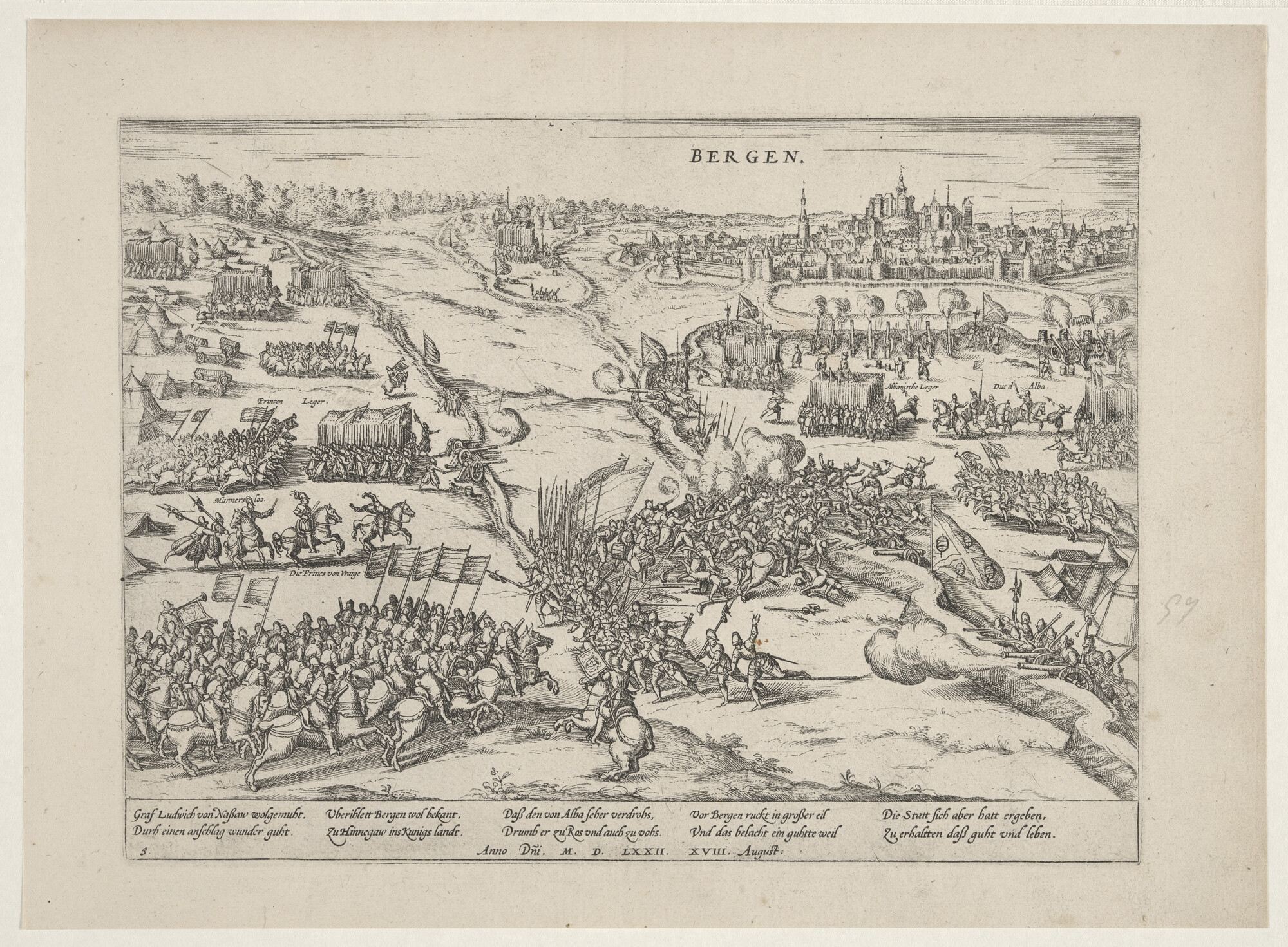 A.0145(027)120; Belegering van Bergen in Henegouwen door Alva, 18 augustus 1572; prent