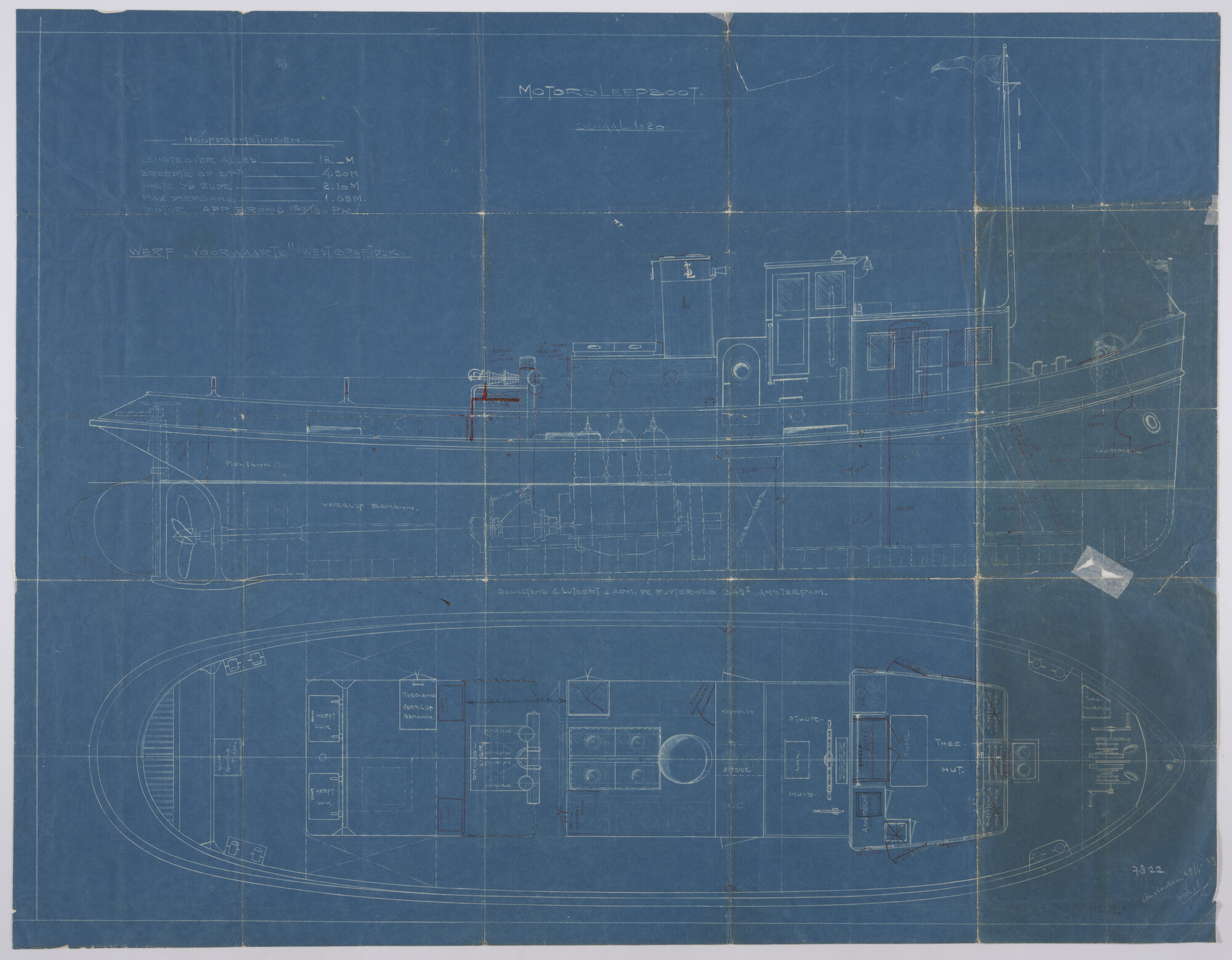 1995.7822; Algemeen plan voor een binnenvaart motorsleepboot; technische tekening