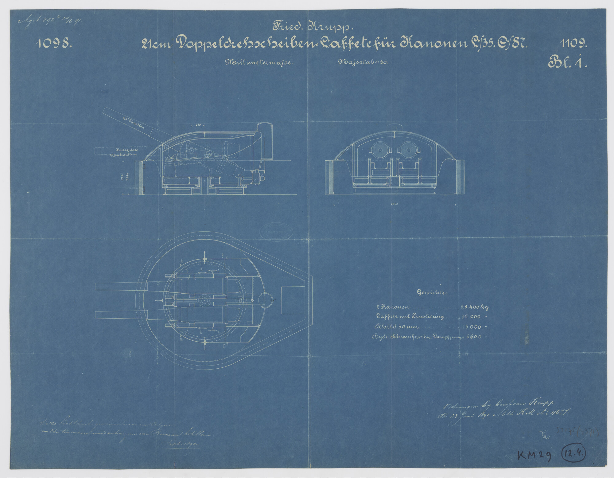 S.2175(4371); Dubbelloops 21cm kanon in geschutkoepel op dubbele draaischijf; technische tekening