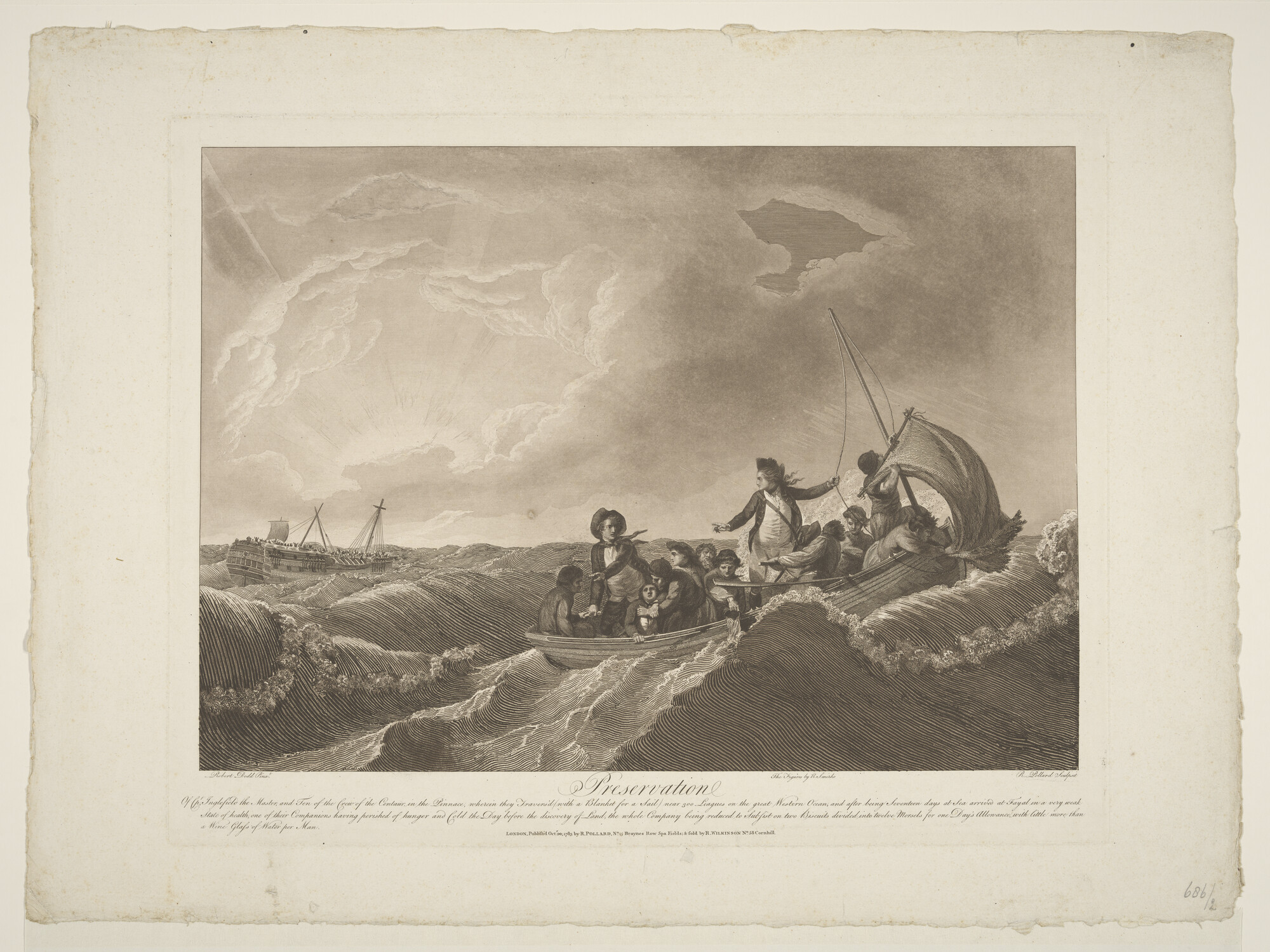 A.2275(06); Bemanningsleden van de 'Centaur' in een sloep na de schipbreuk, 1782; prent