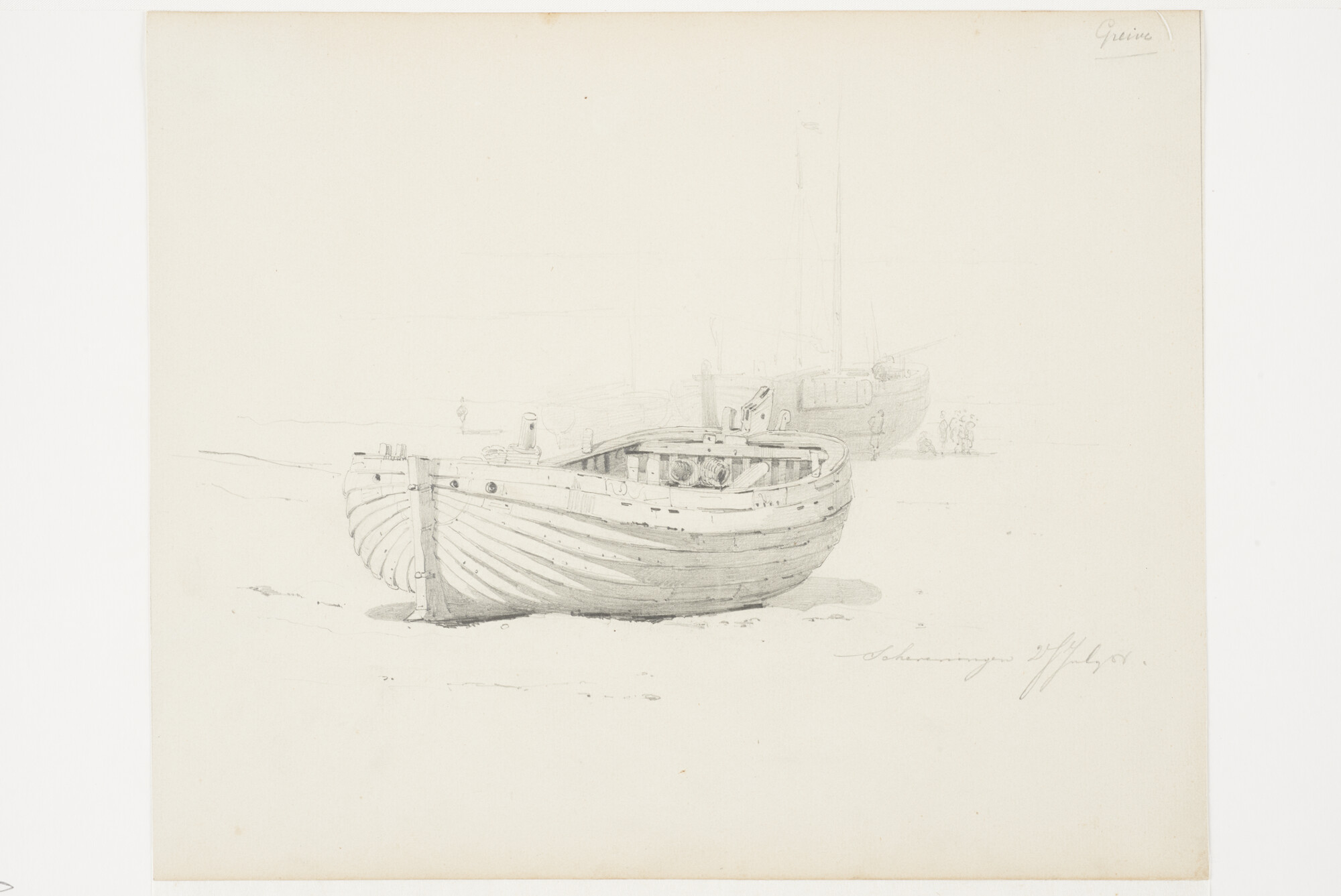 A.2054(02)1; Een bomschuit op het Scheveningse strand; tekening