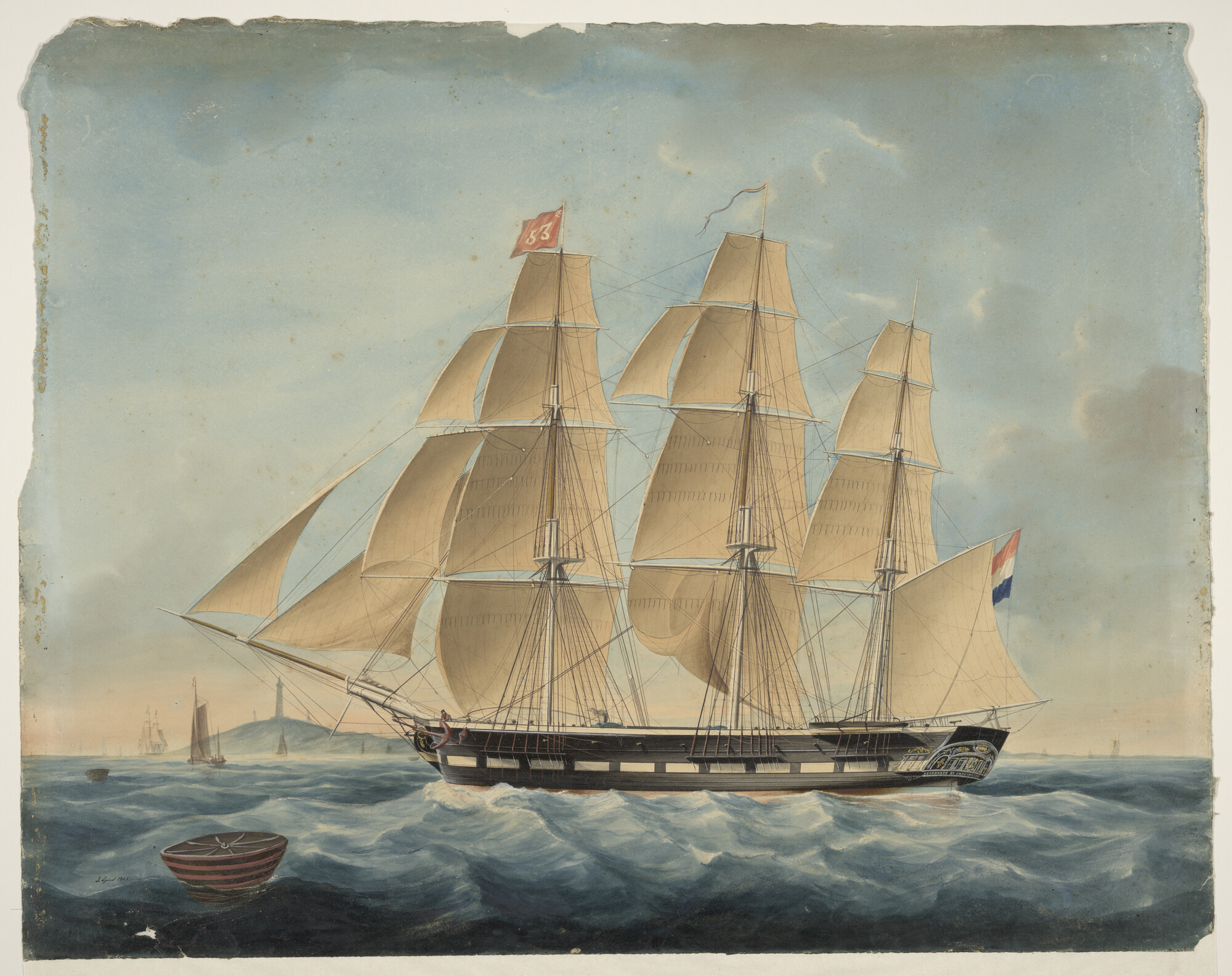 A.0813(04); Het fregatschip Elisabeth en Antoinette; tekening