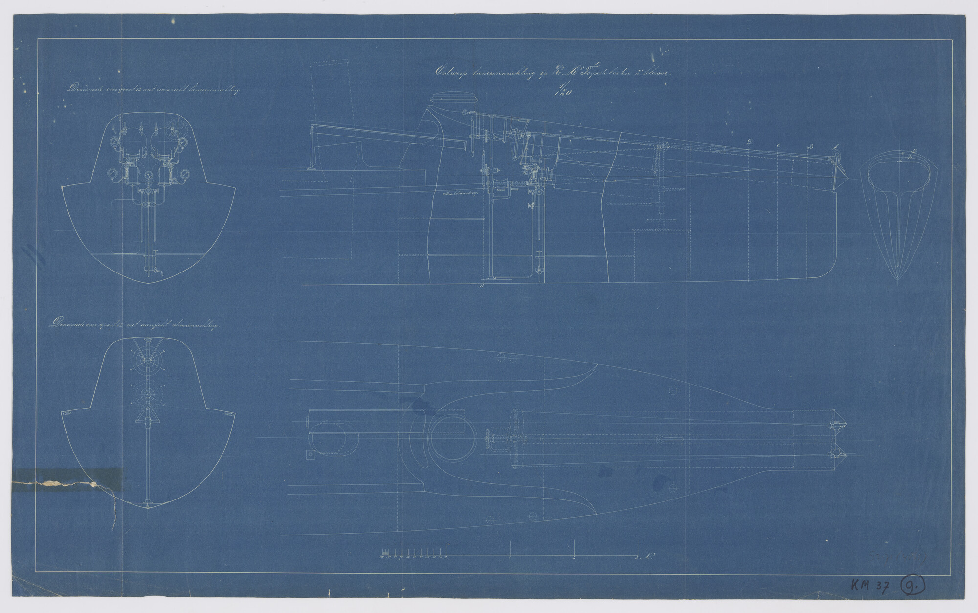 S.2175(4865); Doorsneden van een ontwerp van een dubbele boeglanceerinrichting voor torpedo's; technische tekening