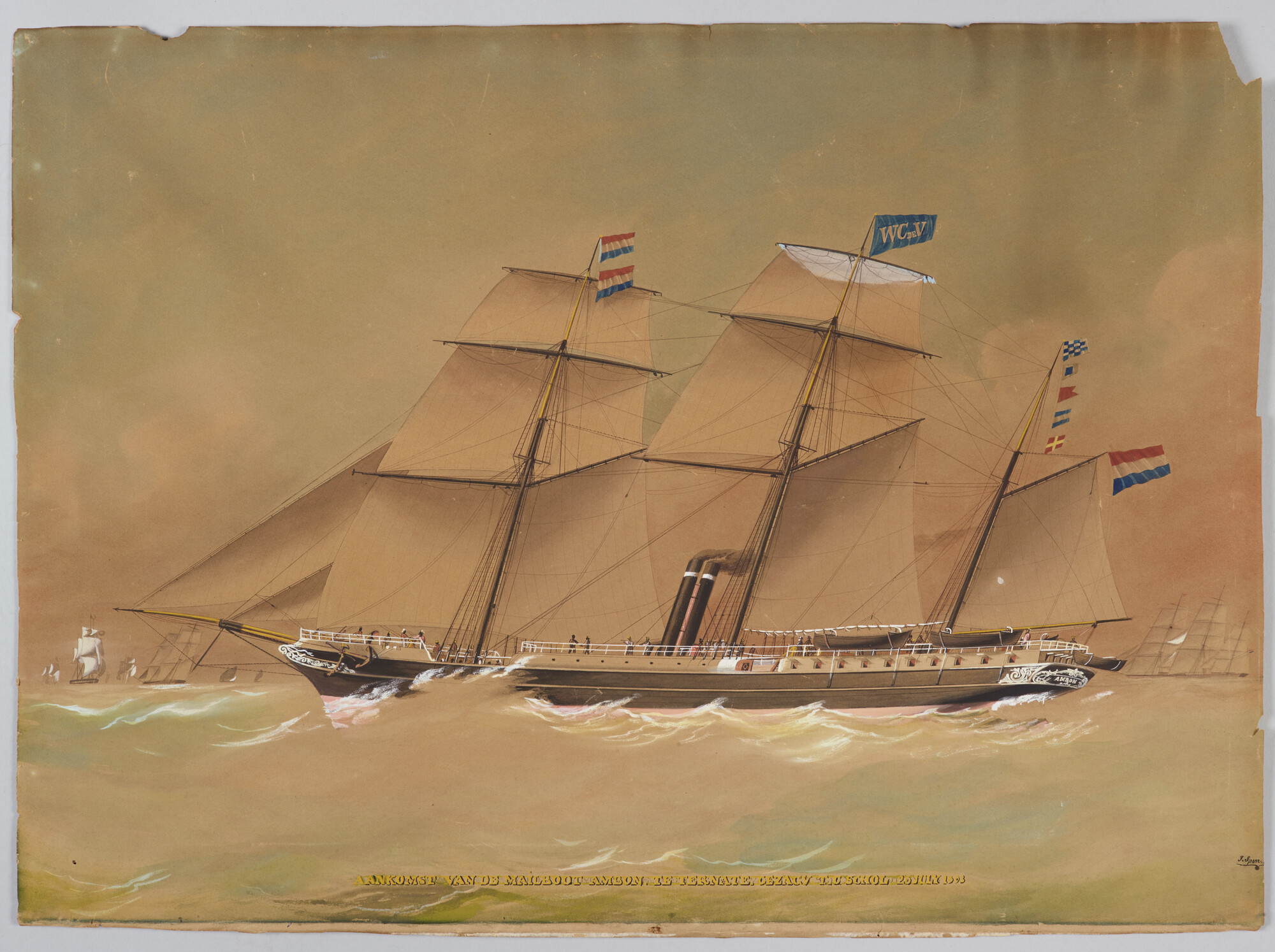 2014.0273; Het zeilstoomschip Ambon aankomend te Ternate; tekening