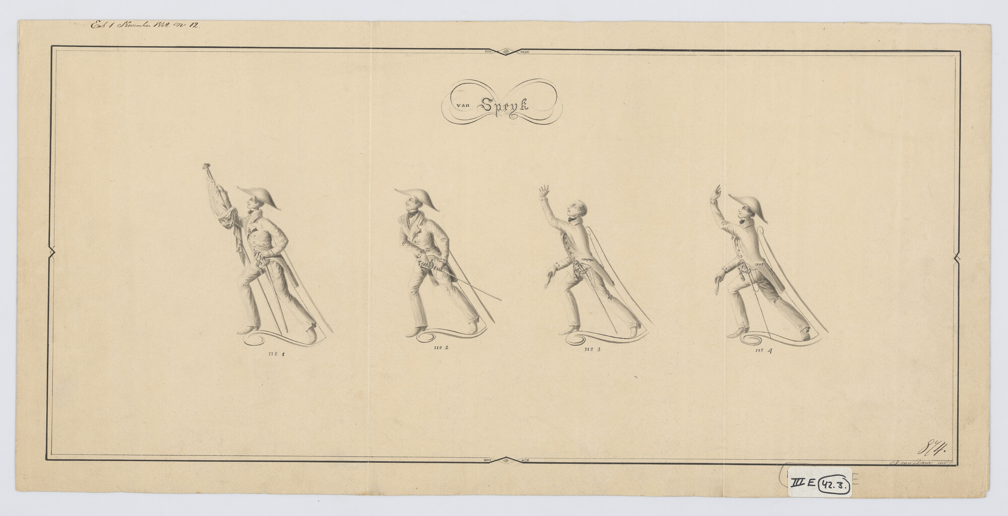 S.1214(0272); Vier ontwerpen voor een schegbeeld van het kuilkorvet 'Van Speyk'; technische tekening
