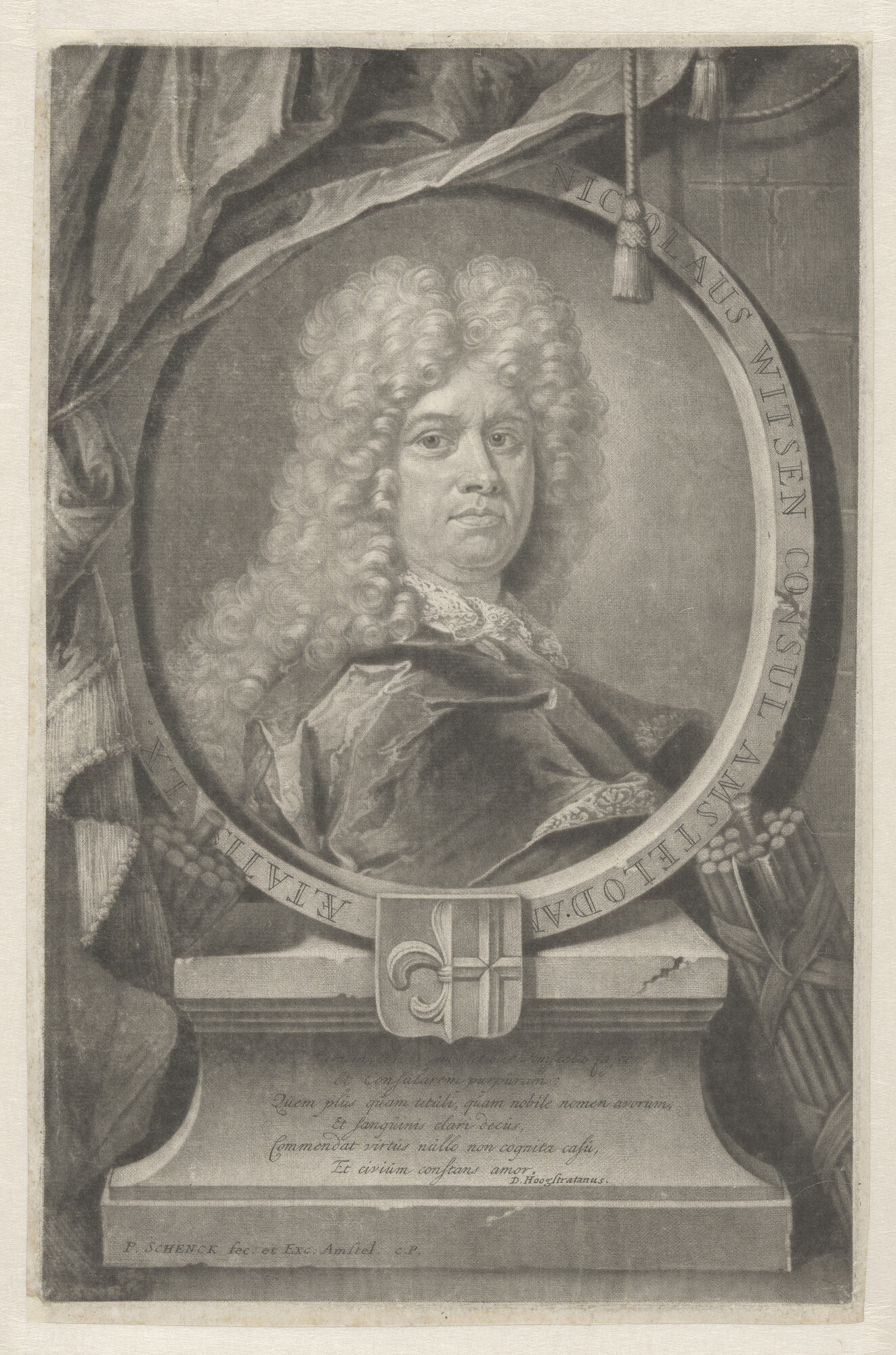 A.1752(02); Portret van Nicolaas Witsen in ovaal met wapen; prent