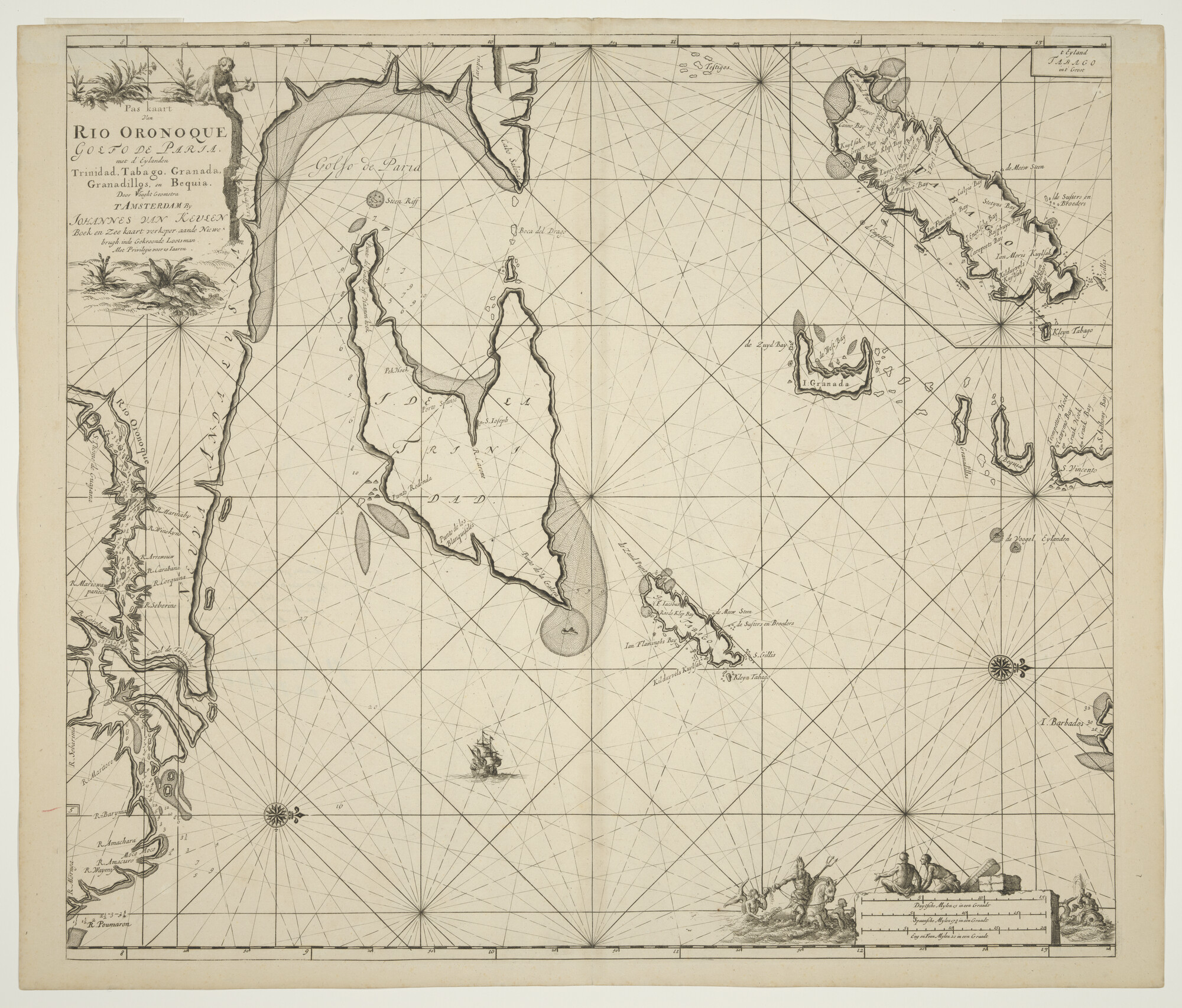 A.0145(212)09; Paskaart van de Orinoco Rivier, de Golf van Para en de eilanden Trinidad, Tobago, Granada, Granadillos en Bequia,door Claas Jansz. Vooght; zeekaart
