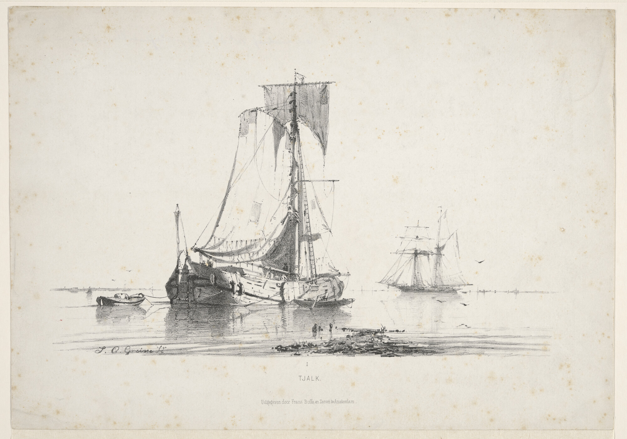 A.0149(0601); Een tjalk voor anker op stil water; prent