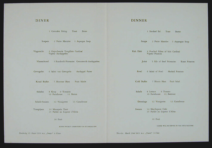 1994.6748; Menukaart voor diner aan boord van ms. 'Oranje' van de SMN, 22 maart 1956; menukaart