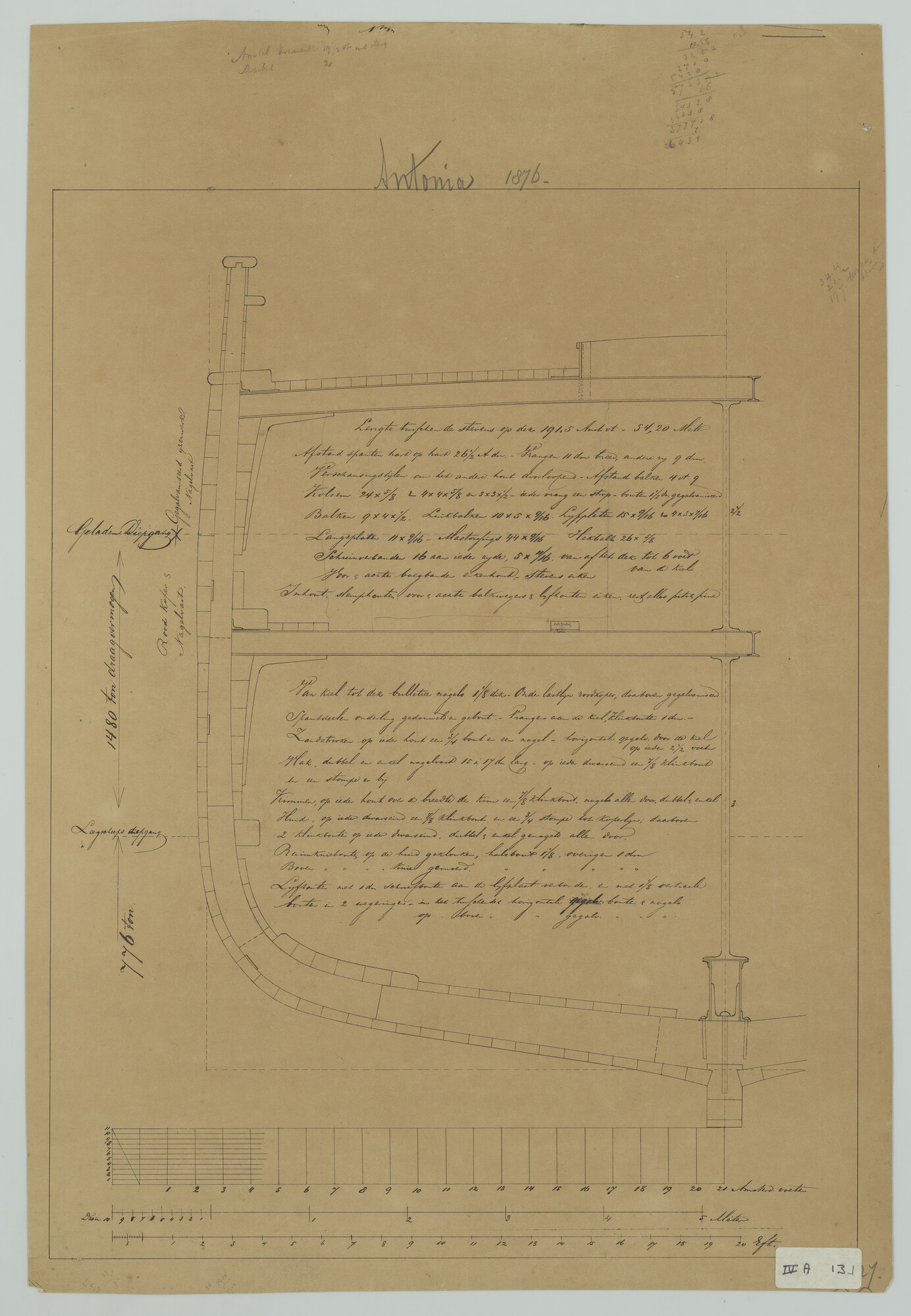 S.0027(028); Grootspant van het barkschip 'Antonia' en plattegrond  van de werf 'Concordia'; technische tekening