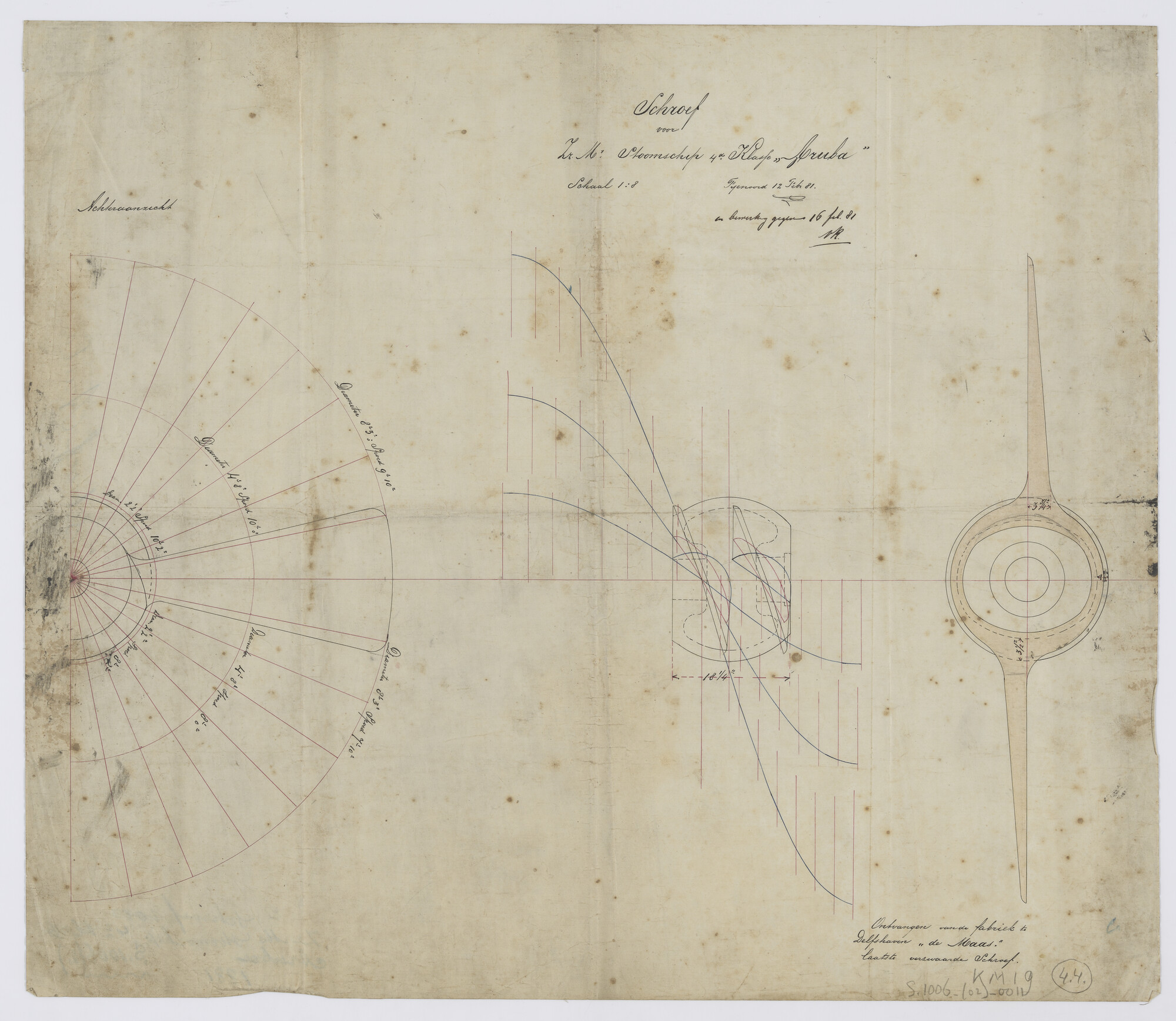 S.1006(02)0011; Doorsnede, achteraanzicht en grafische voorsteling van de schroef van het schroefstoomschip Zr.Ms. Aruba; technische tekening