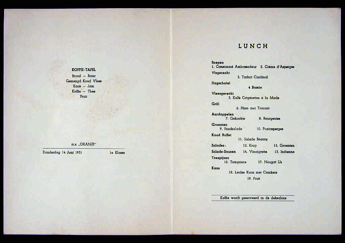 1995.6045; Menukaart lunch op 14 juni 1951 1e klasse aan boord van ms. 'Oranje; menukaart