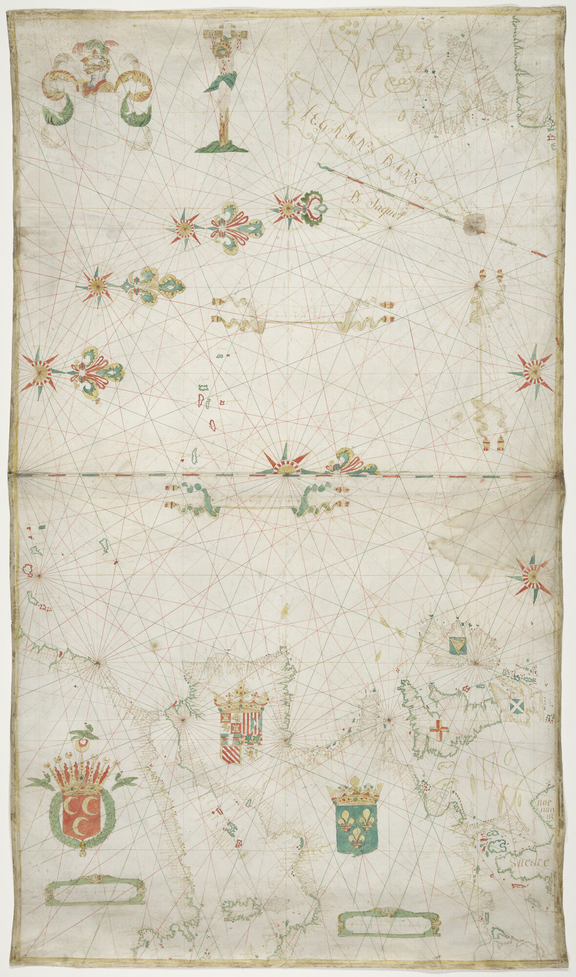 A.0145(139); Zeekaart door B. Jacquet uit circa 1600 van de Noord Atlantische Oceaan; perkamentkaart