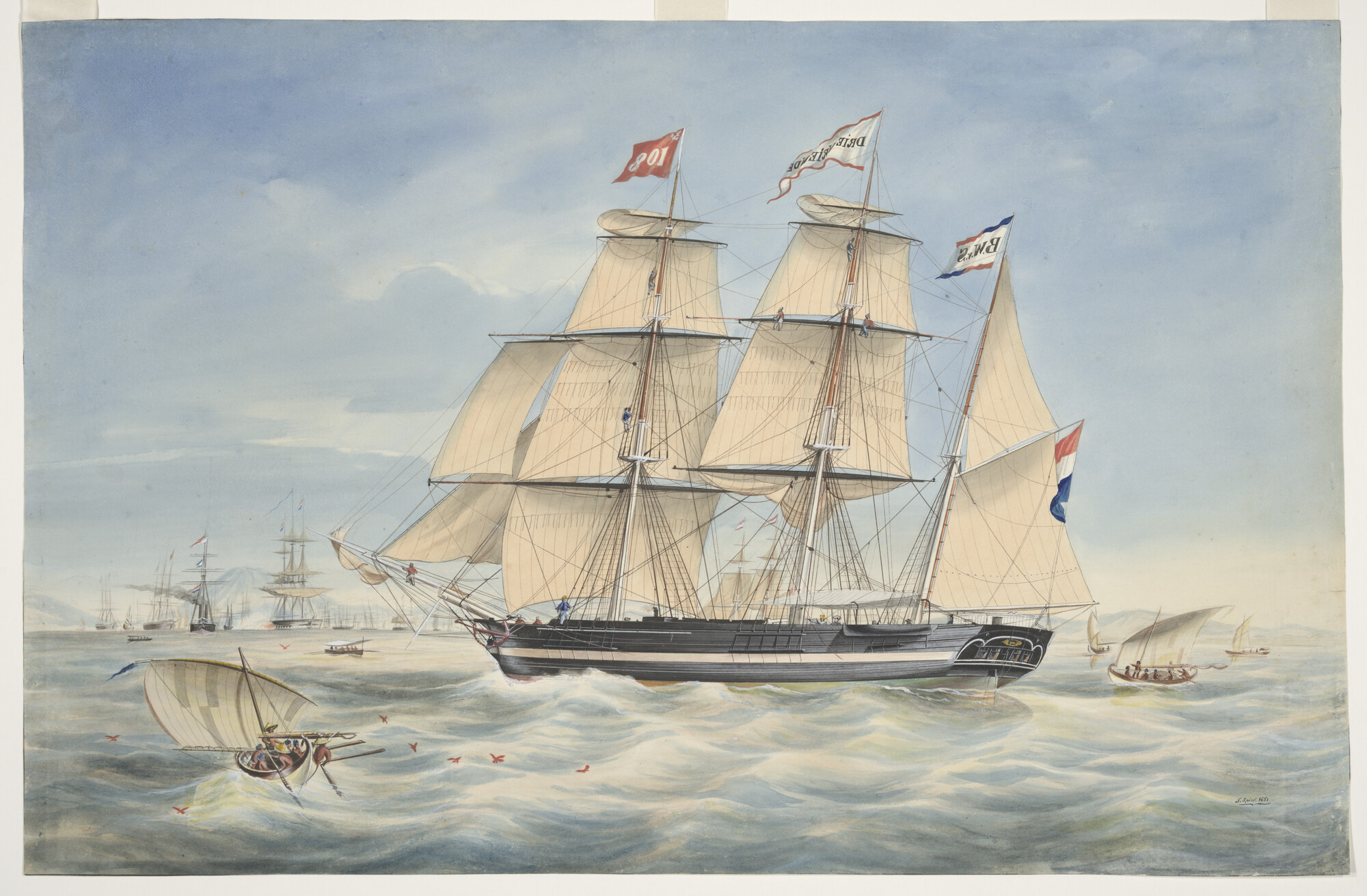 A.0037(05); Het barkschip De Drie Vrienden op de rede van Batavia; tekening