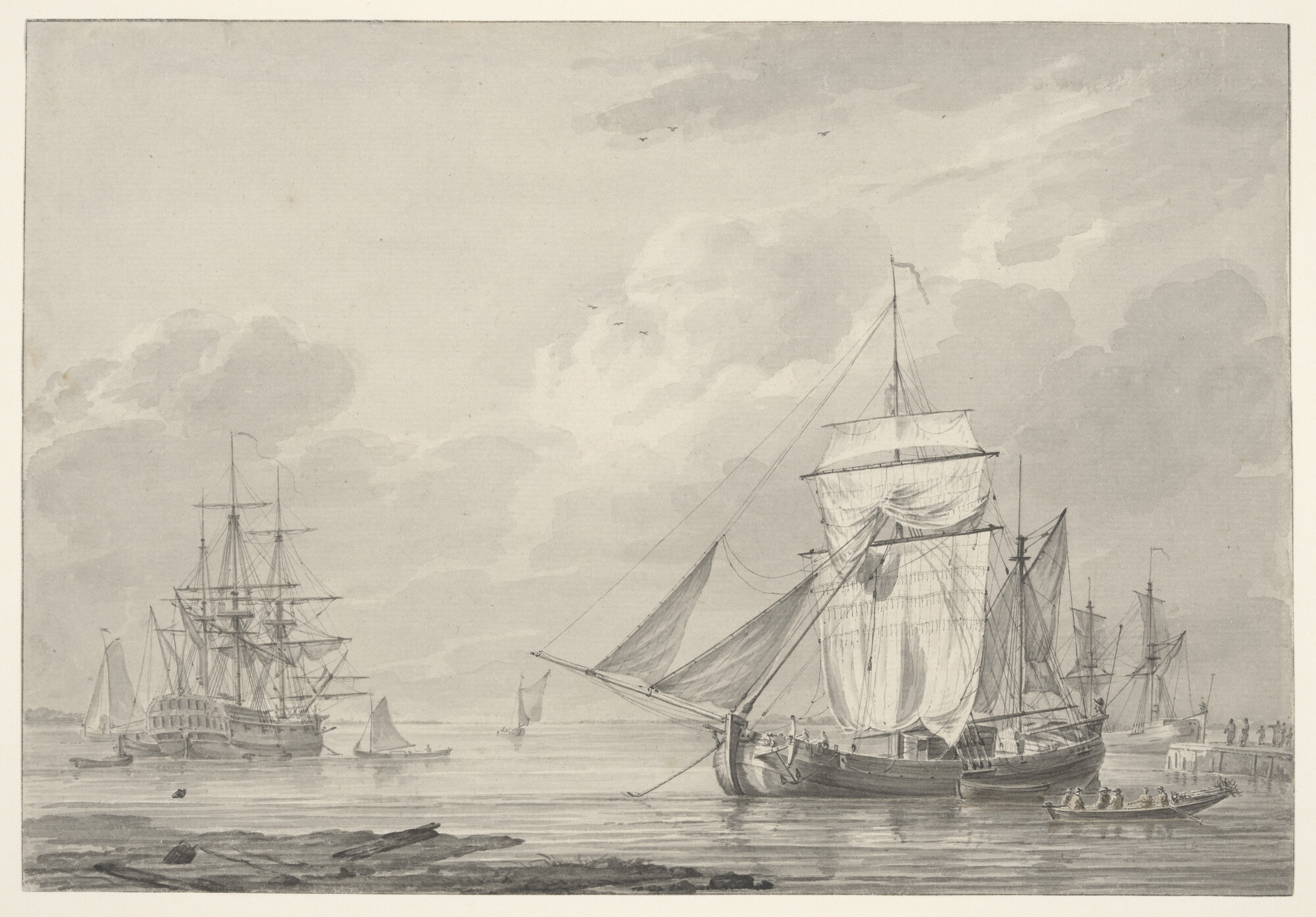 A.0132(02)02; Een oorlogsschip en een hoeker voor anker op een rede; tekening