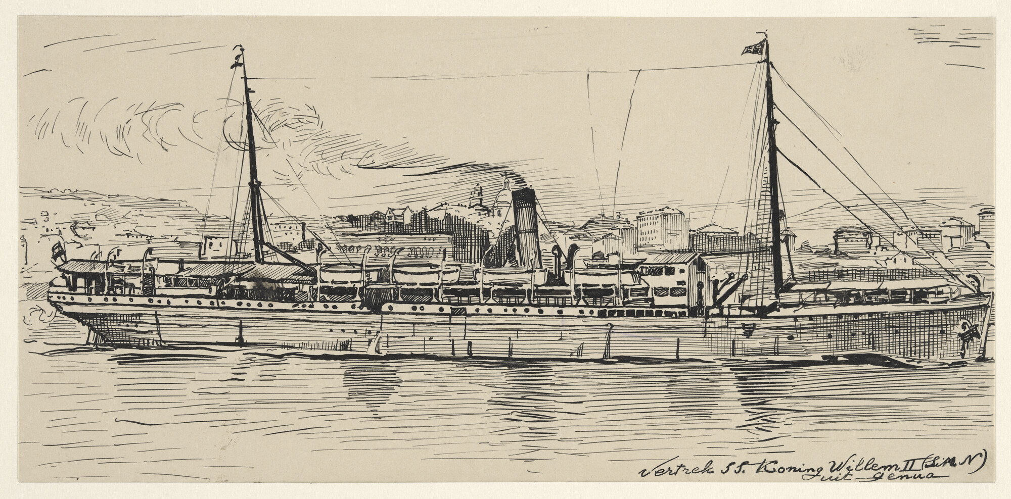S.5748(17); Vertrek van het passagiersschip ss. 'Koning Willem II' uit de haven van Genua; tekening
