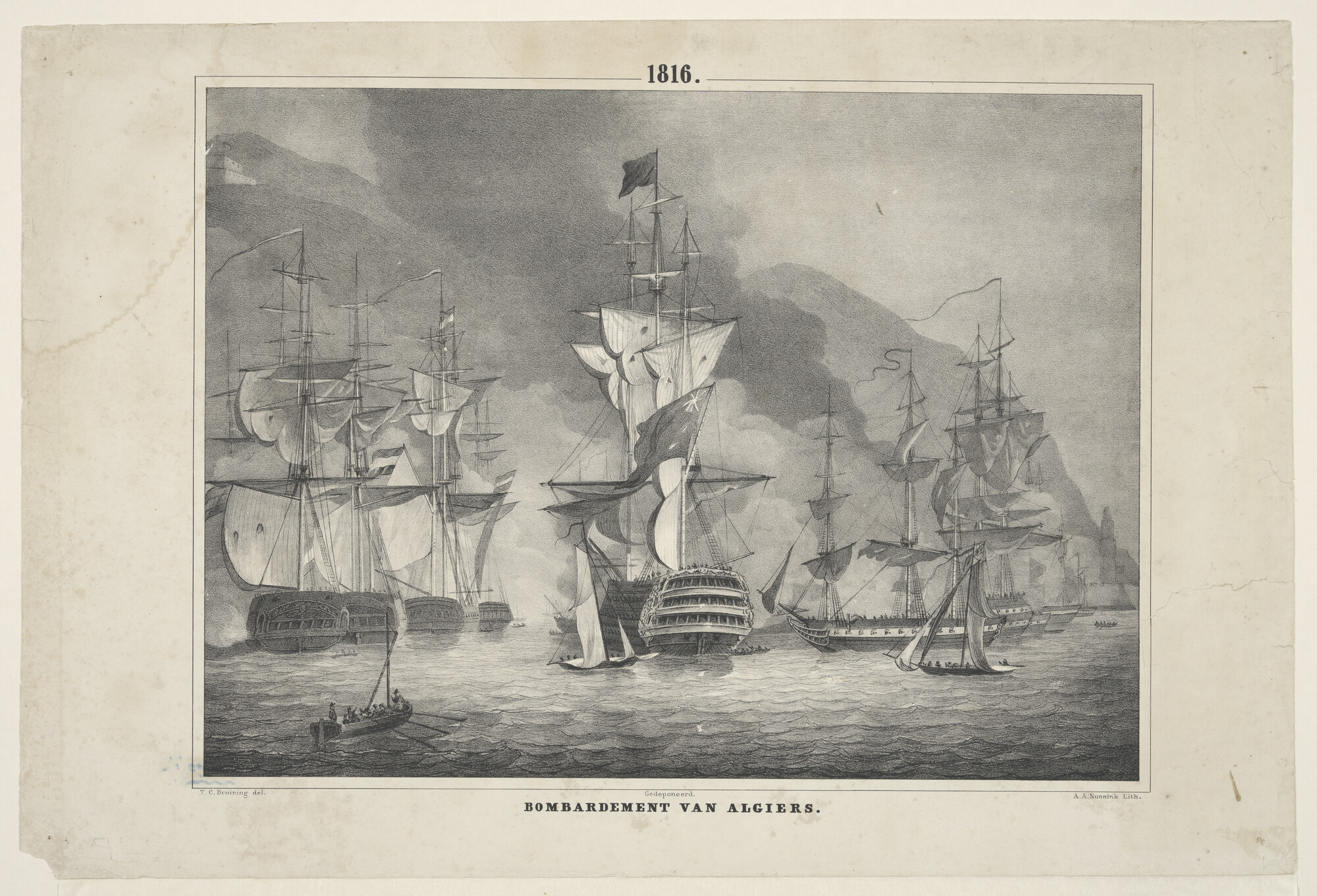 A.0790(01); Het bombardement van Algiers door Engelse en Nederlandse oorlogsschepen, 1816; prent