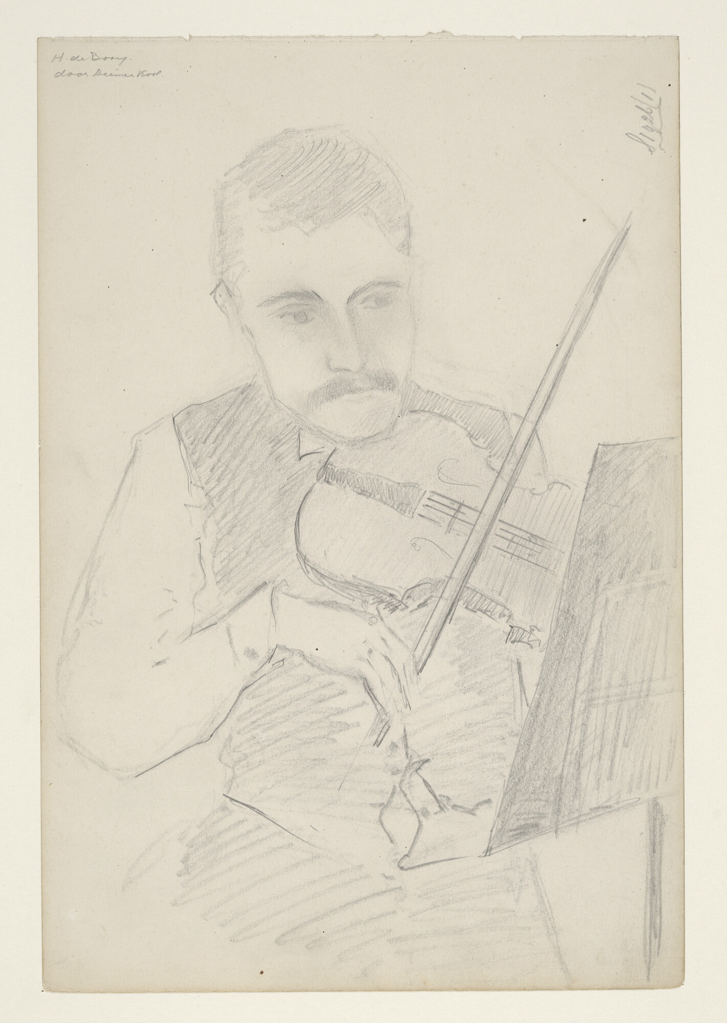 S.1926(01)03; De adelborst 2e klasse H. de Booy, viool spelend; tekening