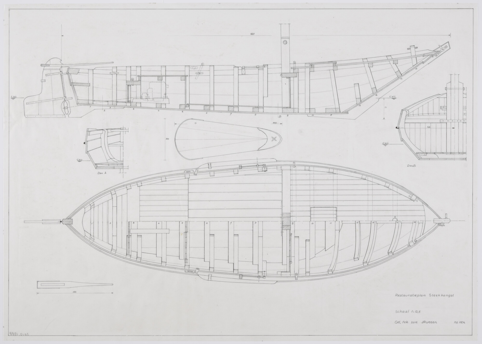 2012.1388; Algemeen plan van de steekhengst 'Boreas' van 9.21 meter; technische tekening