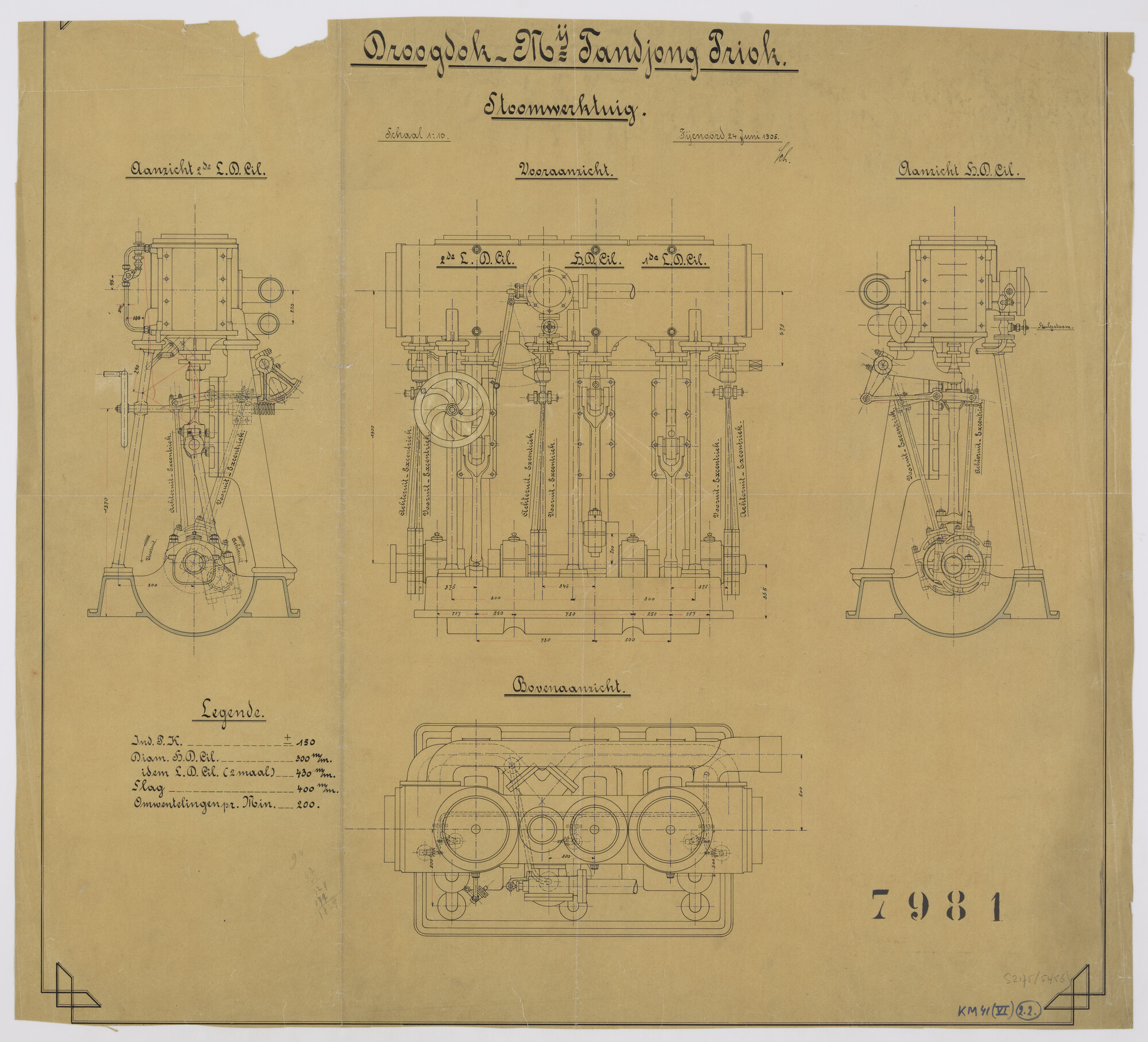 S.2175(5456); Aanzichten van een stoommachine voor de Droogdok Maatschappij 'Tandjong Priok'; technische tekening