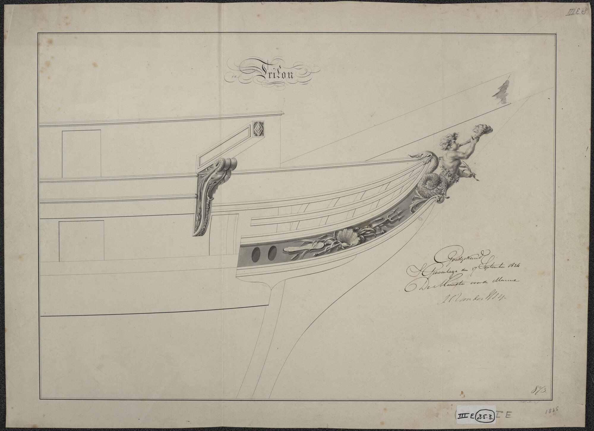 s.1214(0257); Scheg van het kuilkorvet 'Triton'; technische tekening