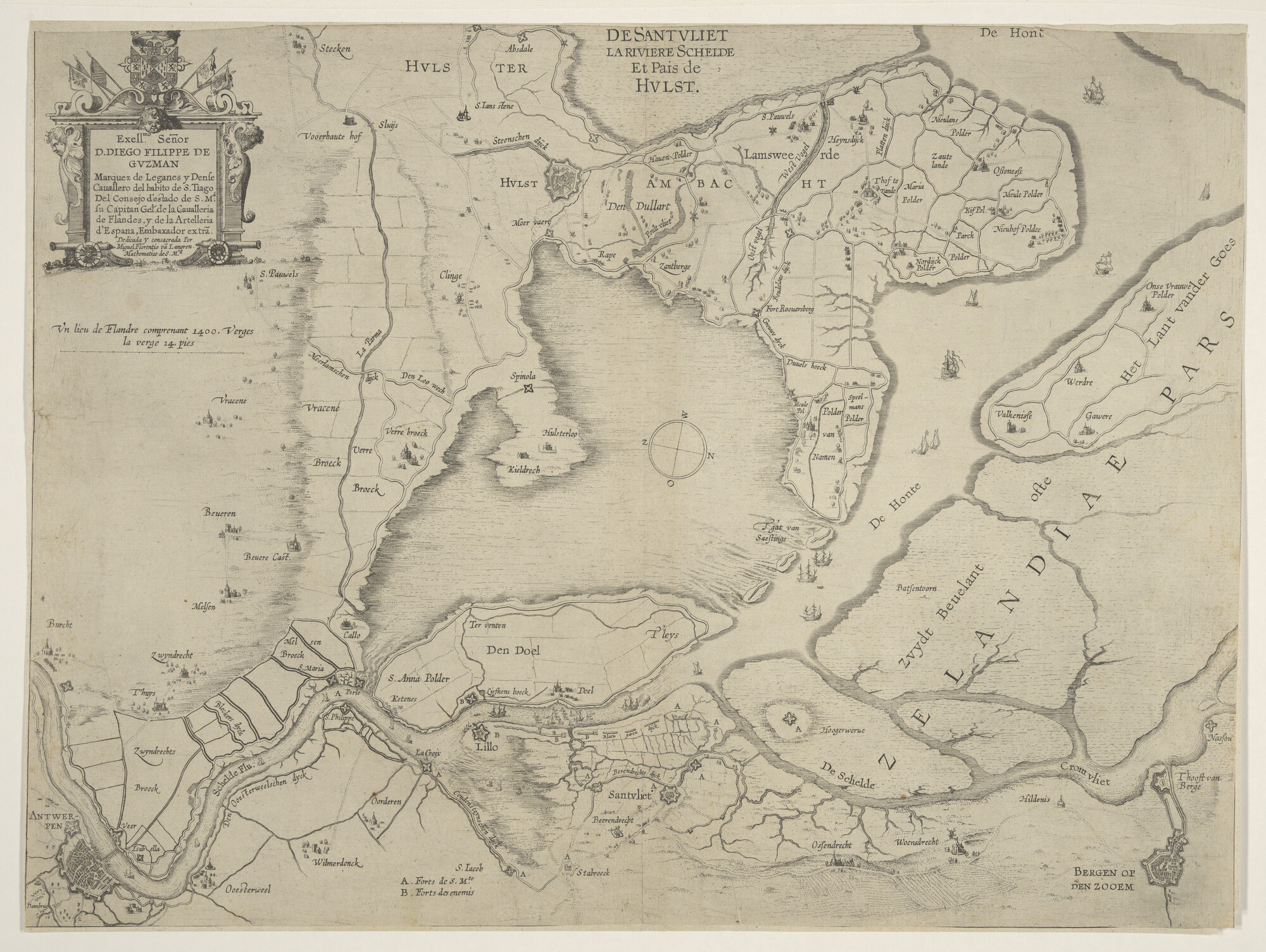 A.2227(01); Kaart van het Sandvliet, de rivier de Schelde en Hulst, door Michael Floris van Langren (1612 - 1675), circa 1650; landkaart