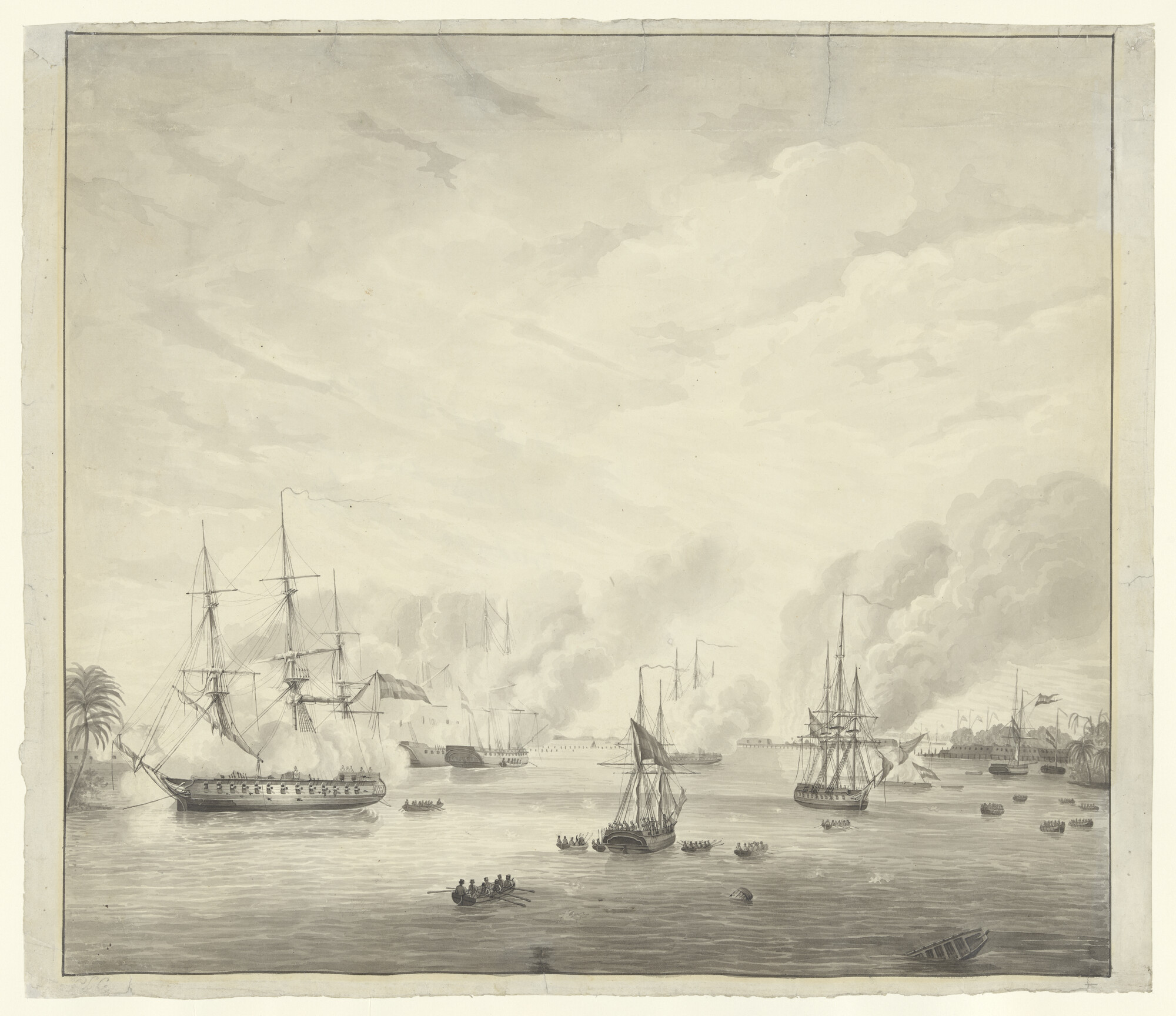 B.0107(03); De beschieting van Palembang, 24 juni 1821; tekening