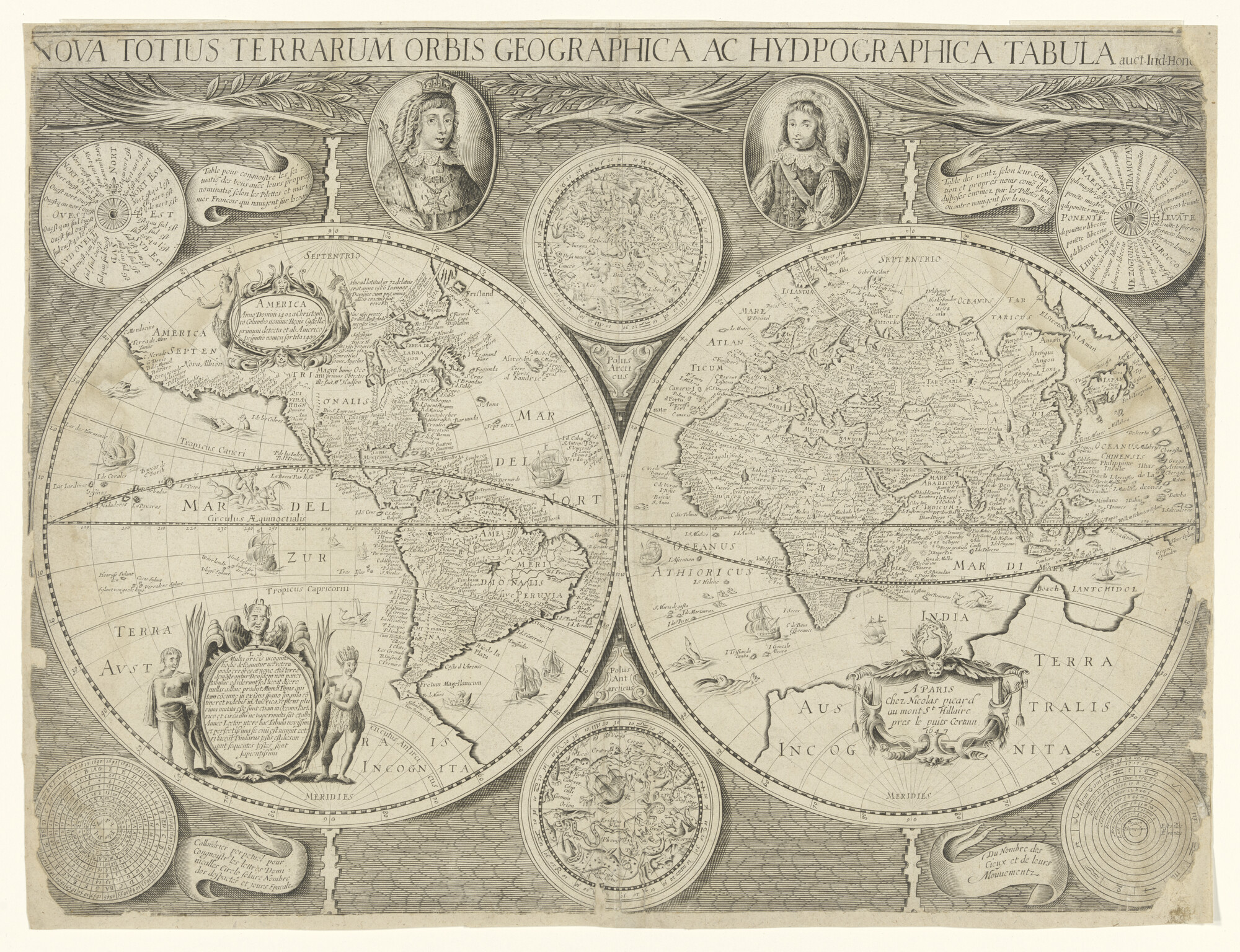 A.0145(211)047; Wereldkaart in twee halfronden door Jodocus Hondius (1594 - 1629), heruitgave Nicolas Picard, Parijs 1647; wereldkaart