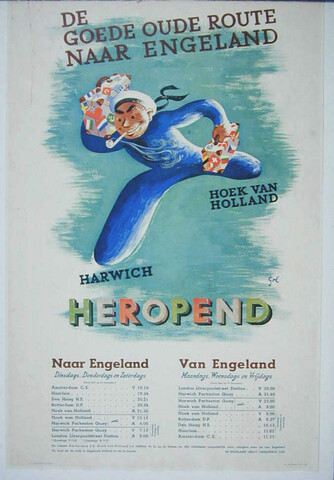 A.5474(02); Dienstregeling Nederlandse Spoorwegen, Hoek van Holland naar Harwich v.v; affiche