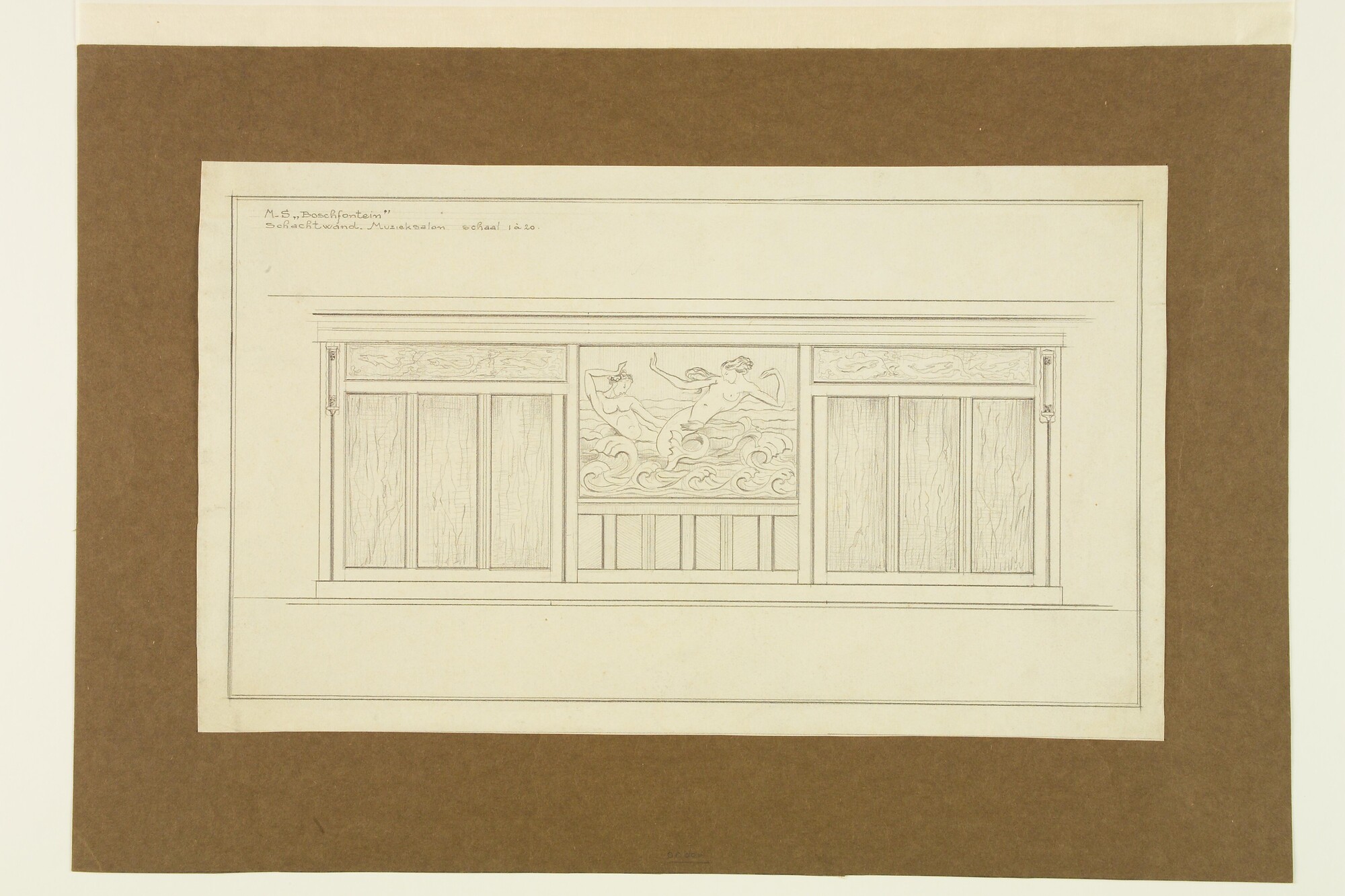 1994.5064; Ontwerptekening voor interieur van de muzieksalon van het passagiersschip ms. 'Boschfontein'; tekening