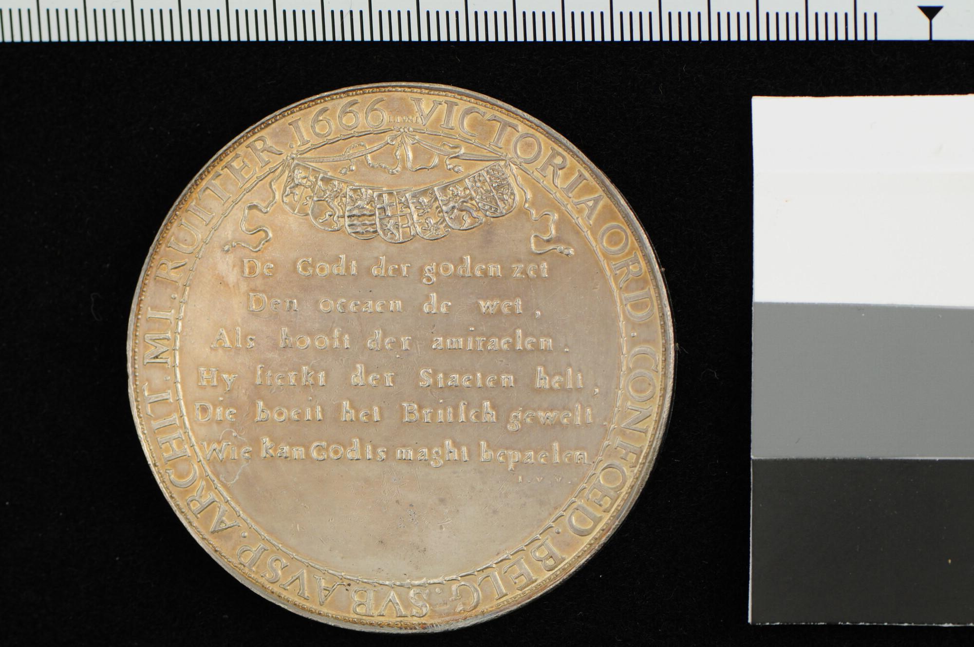 A.0027(069); Penning geslagen op Michiel Adriaanszoon de Ruyter, overwinnaar in Vierdaagse Zeeslag, 1666; penning