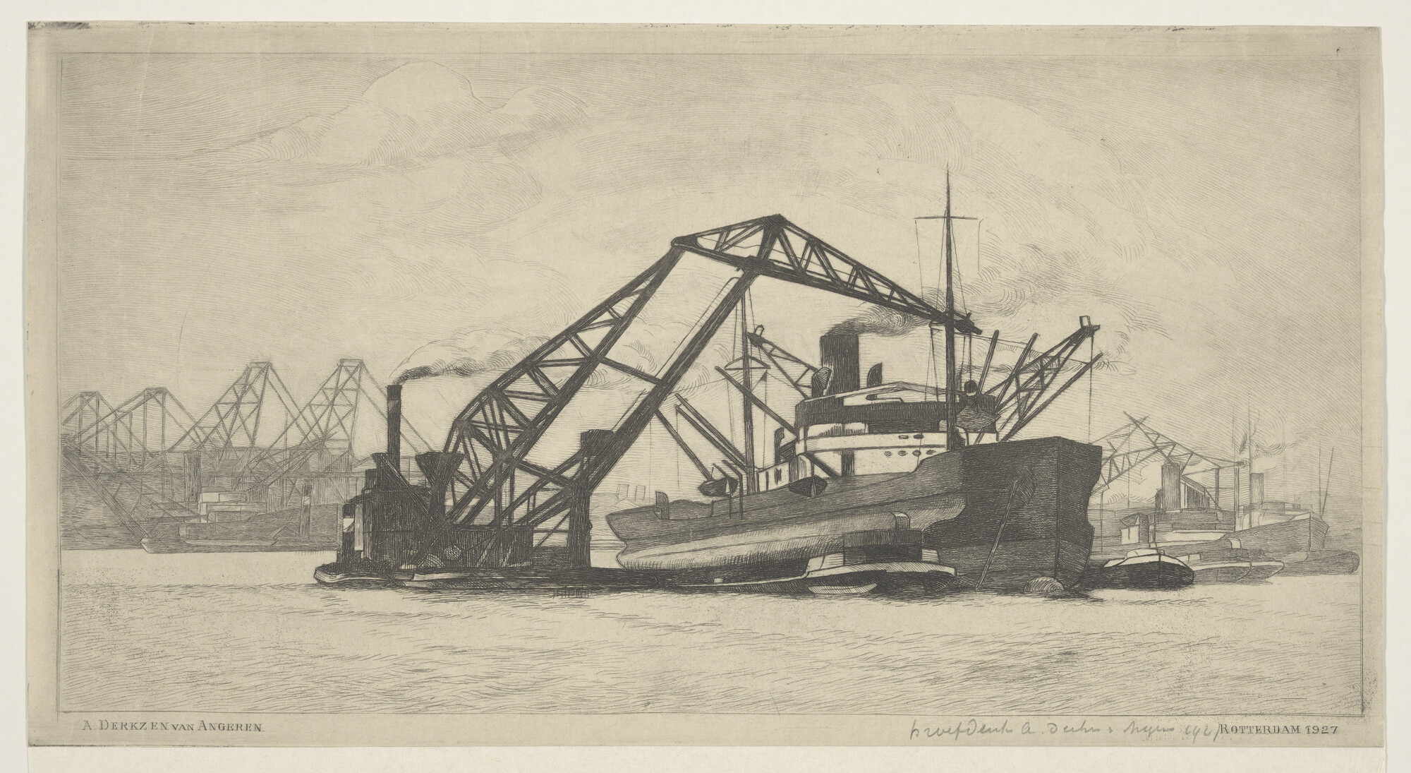 1996.1527; Drijvende bok en stoomschip in de haven van Rotterdam; prent