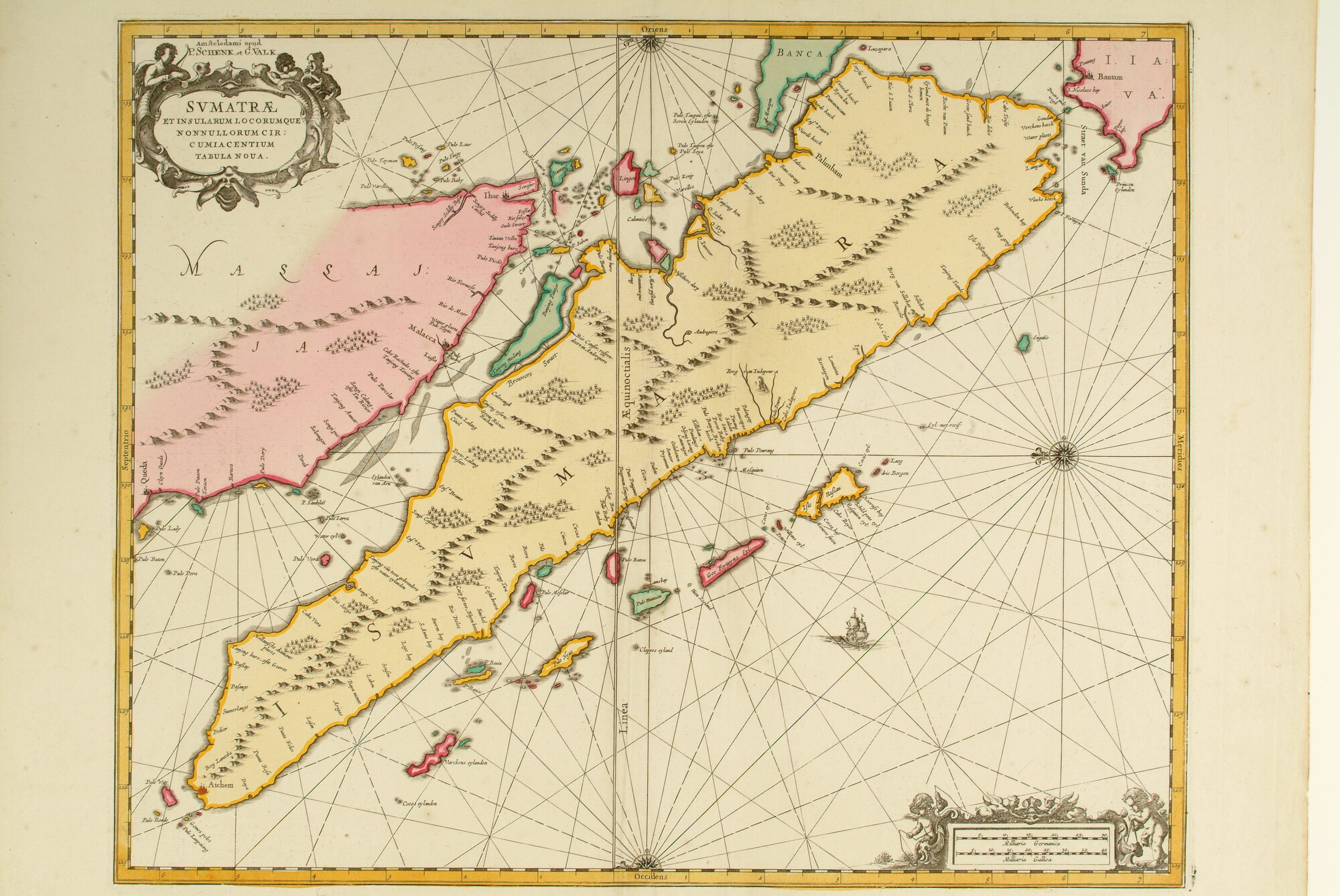 A.3845(01)096; Met de hand gekleurde zeekaart van Sumatra door uitgegeven door Gerard Valk (ca 1650 - 1726) & Pieter Schenk (1645 - 1715); zeekaart