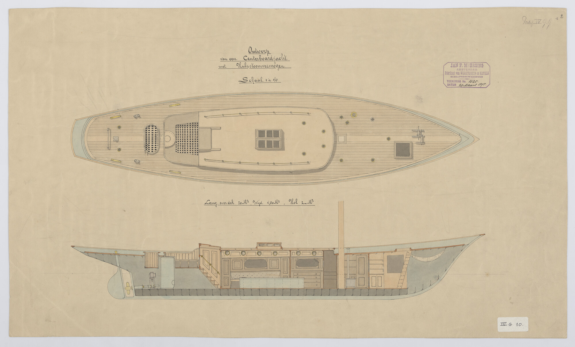 S.1156(05)0108; Indelingsplan van een centerboardjacht met hulpstoomvermogen; technische tekening