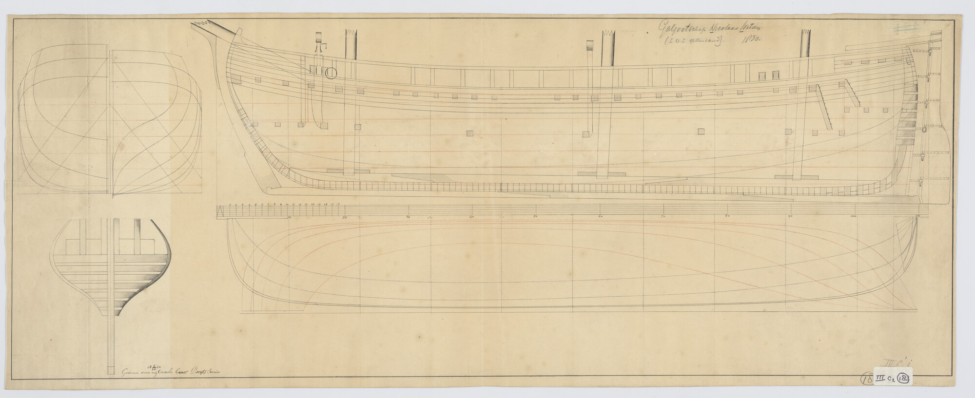 S.0188(23)29; Lijnenplan van de galjoot 'Nicolaas Witsen'; technische tekening