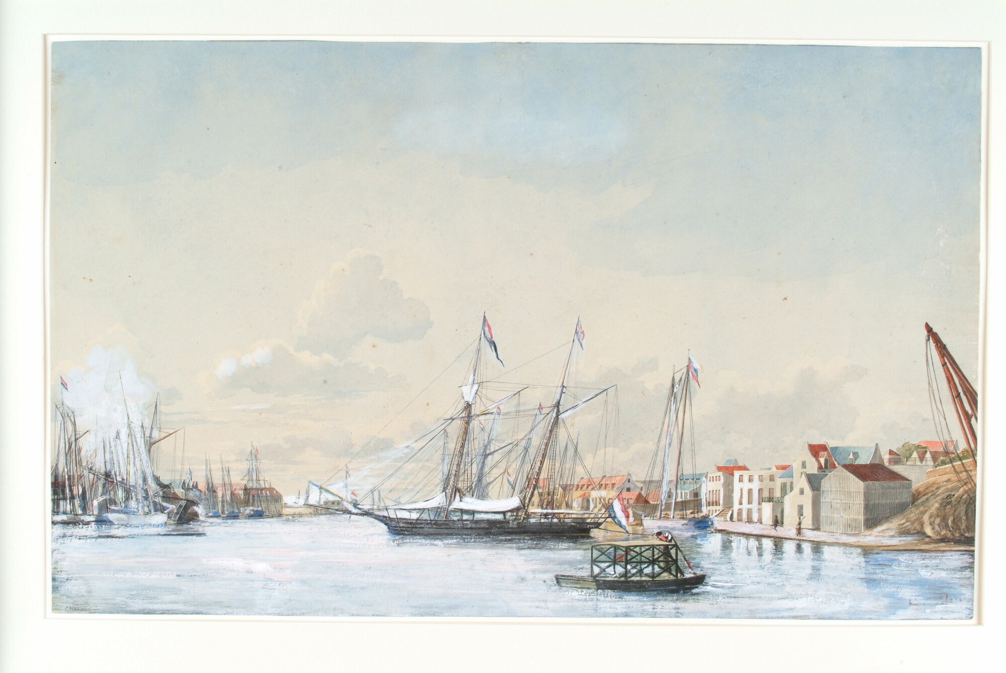 A.1732(02); De haven van Curaçao met met drie Nederlandse oorlogsschoeners; tekening