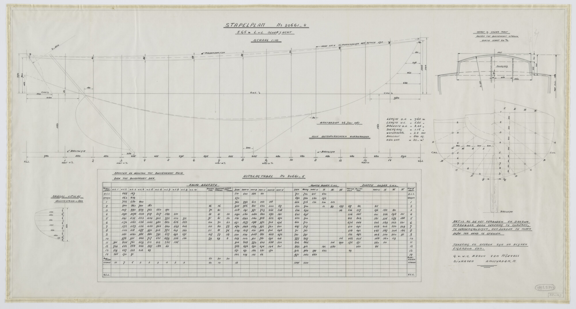 1993.5342; Stapelplan en uitslagtabel zeiljacht Volendamkruiser; technische tekening