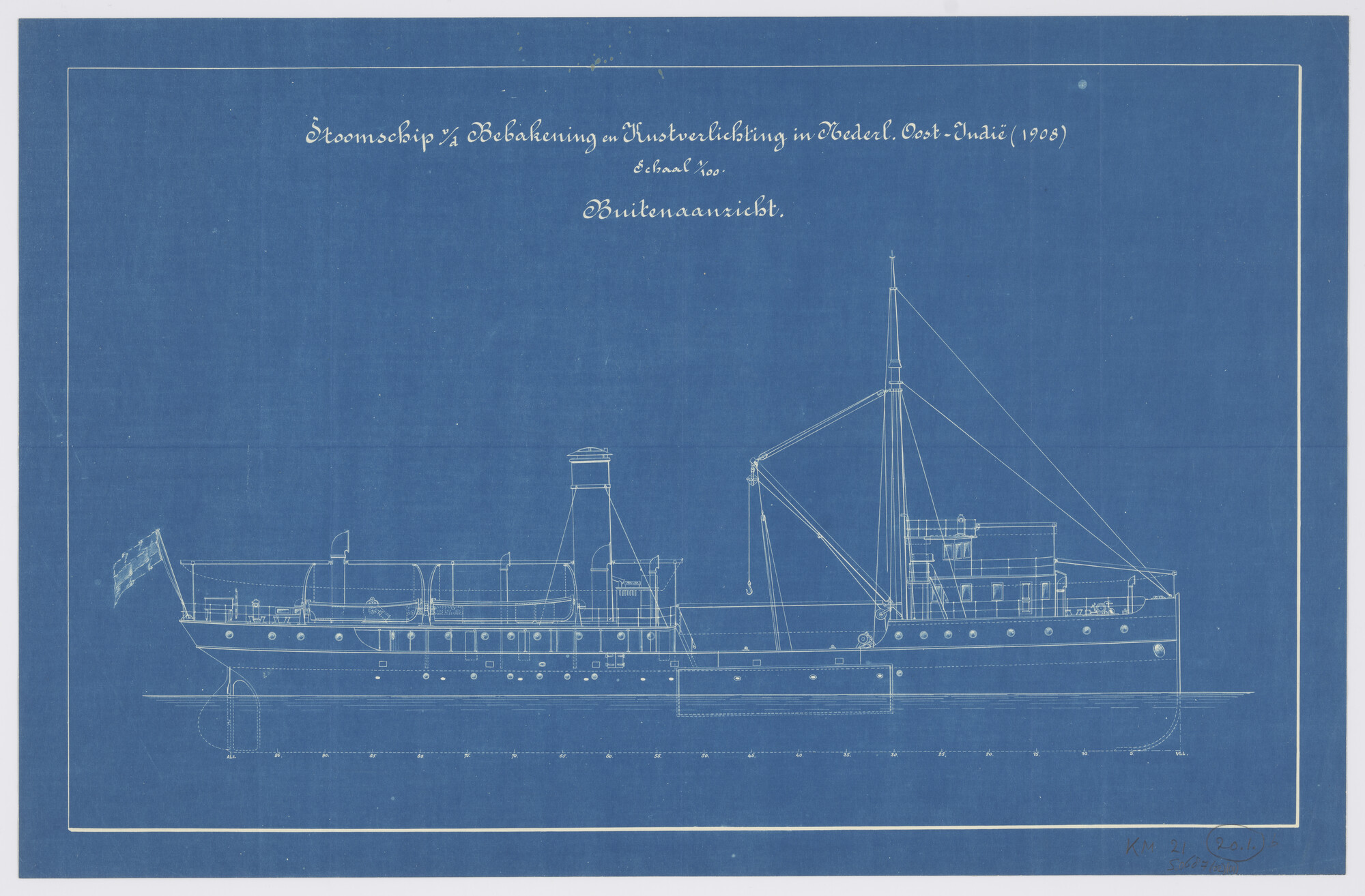 S.0687(02)(01); Zijaanzicht aan stuurboord tot op de kiel van het stoomschip voor de Bebakening en Kustverlichting in Nederlands Oost-Indië Hr.Ms. 'Hoofdinspecteur Zeeman'; technische tekening