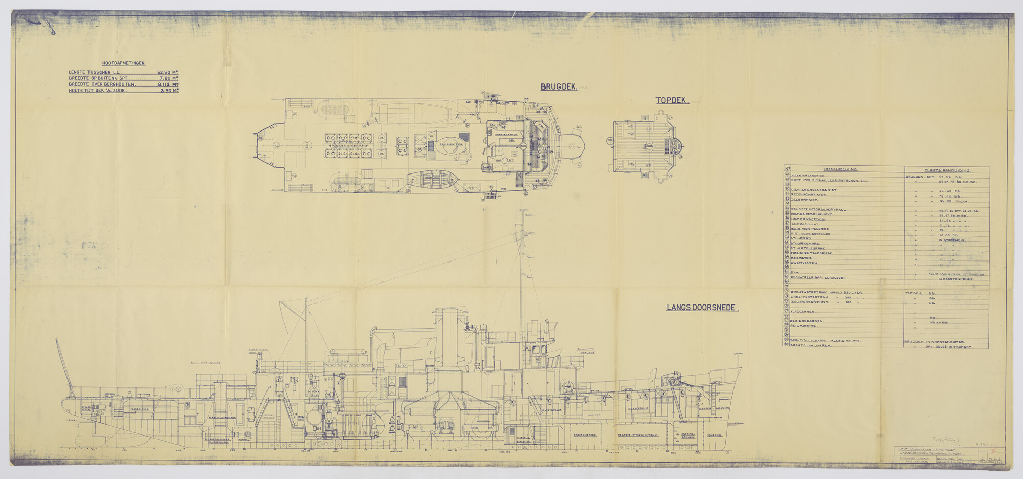 S.2175(5569); Langsdoorsnede met indelingstekening van twee dekken van de mijnenveger Hr.Ms. 'Abraham van der Hulst'; technische tekening