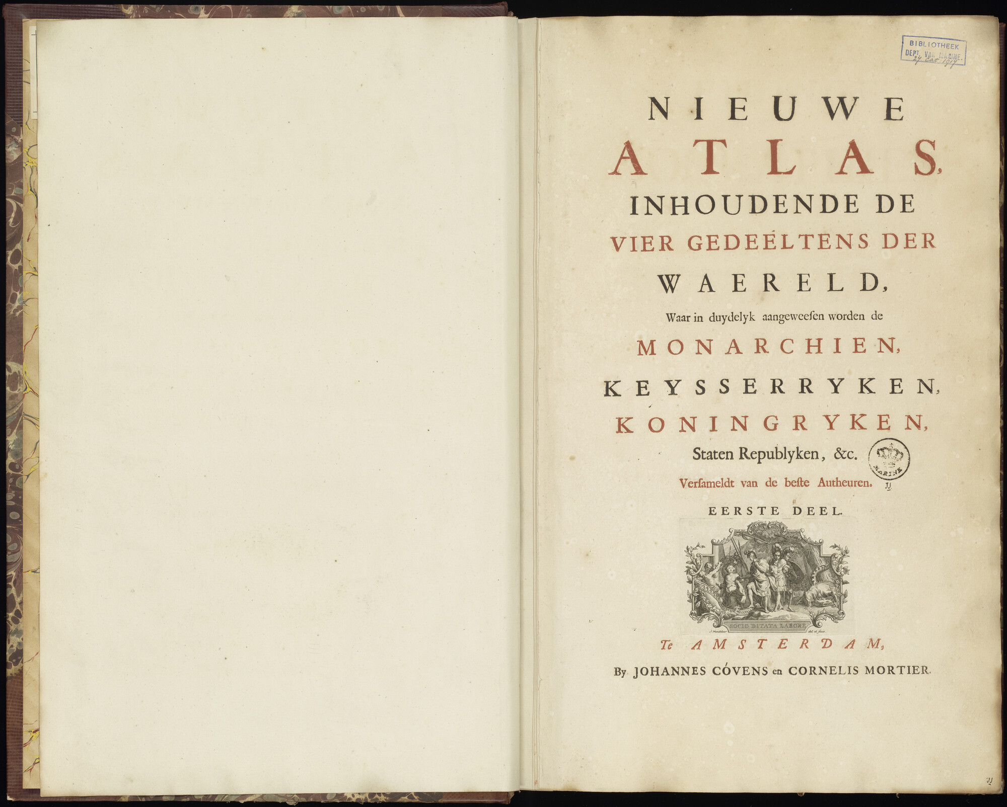 B.0032(027) [kaart 001]; Voorblad van de 'Atlas Nieuwe atlas 1754 - deel 1'; kaart