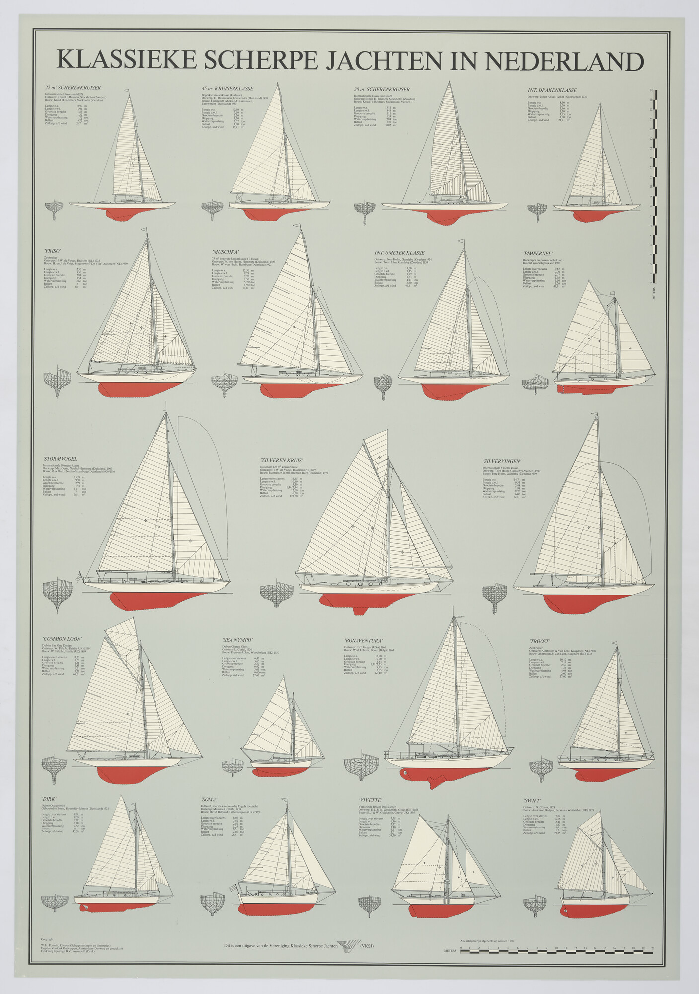 2015.4735; Affiche van de Vereniging Klassieke Scherpe Jachten met negentien silhouetten van jachten; affiche