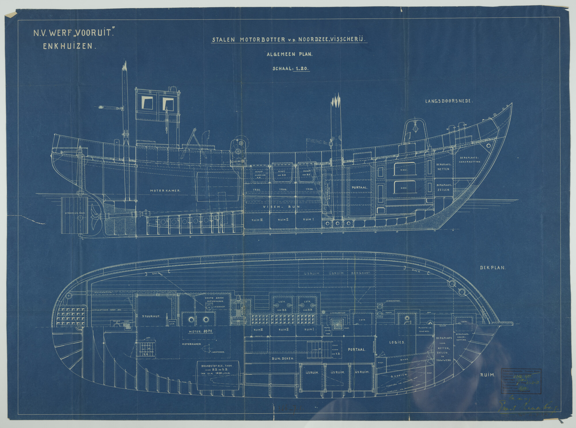 S.4827(0238); Algemeen plan van een motorbotter (Noordzeevisserij); technische tekening