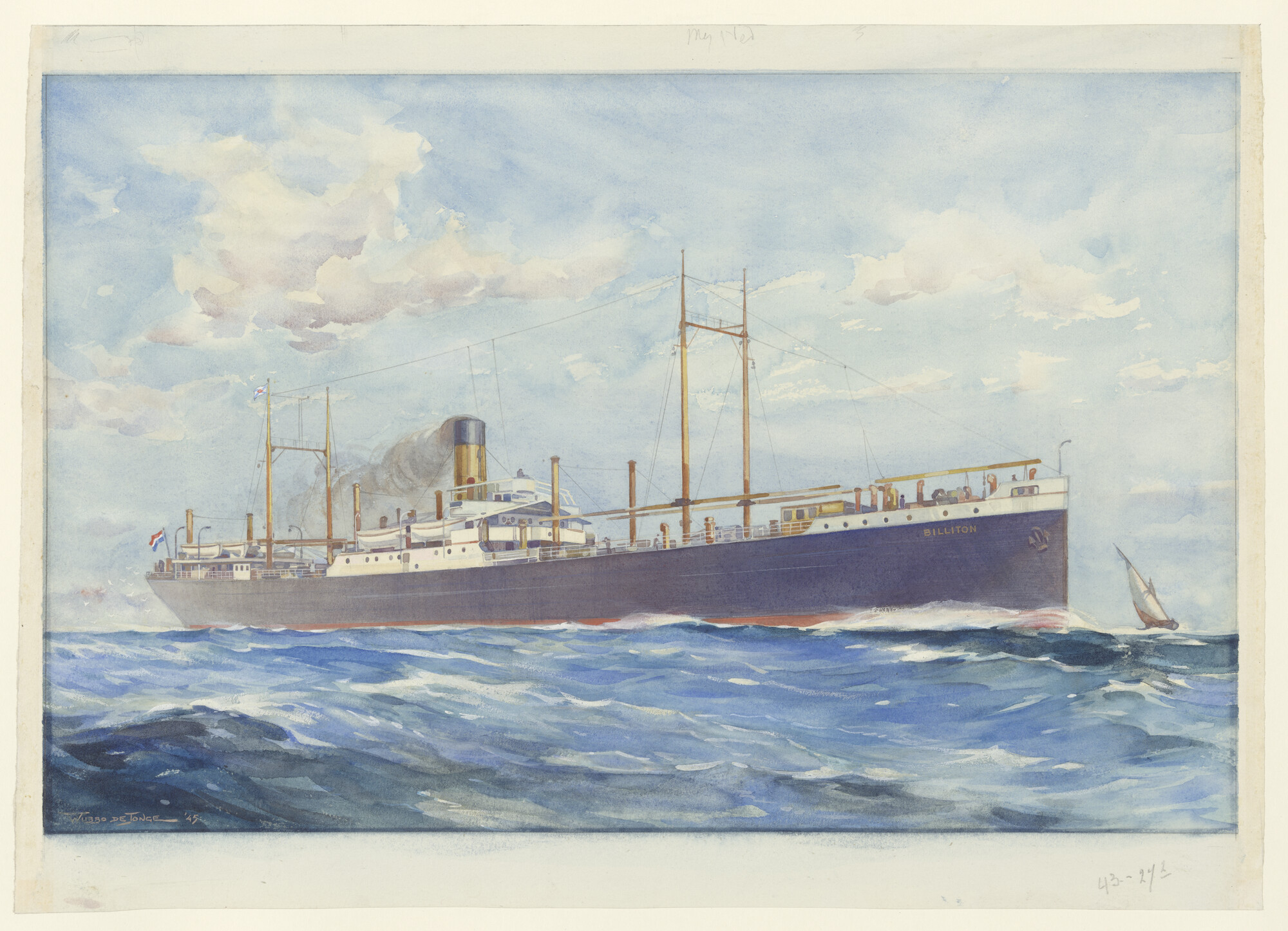 S.4453; Het vrachtschip ss. 'Billiton'; tekening